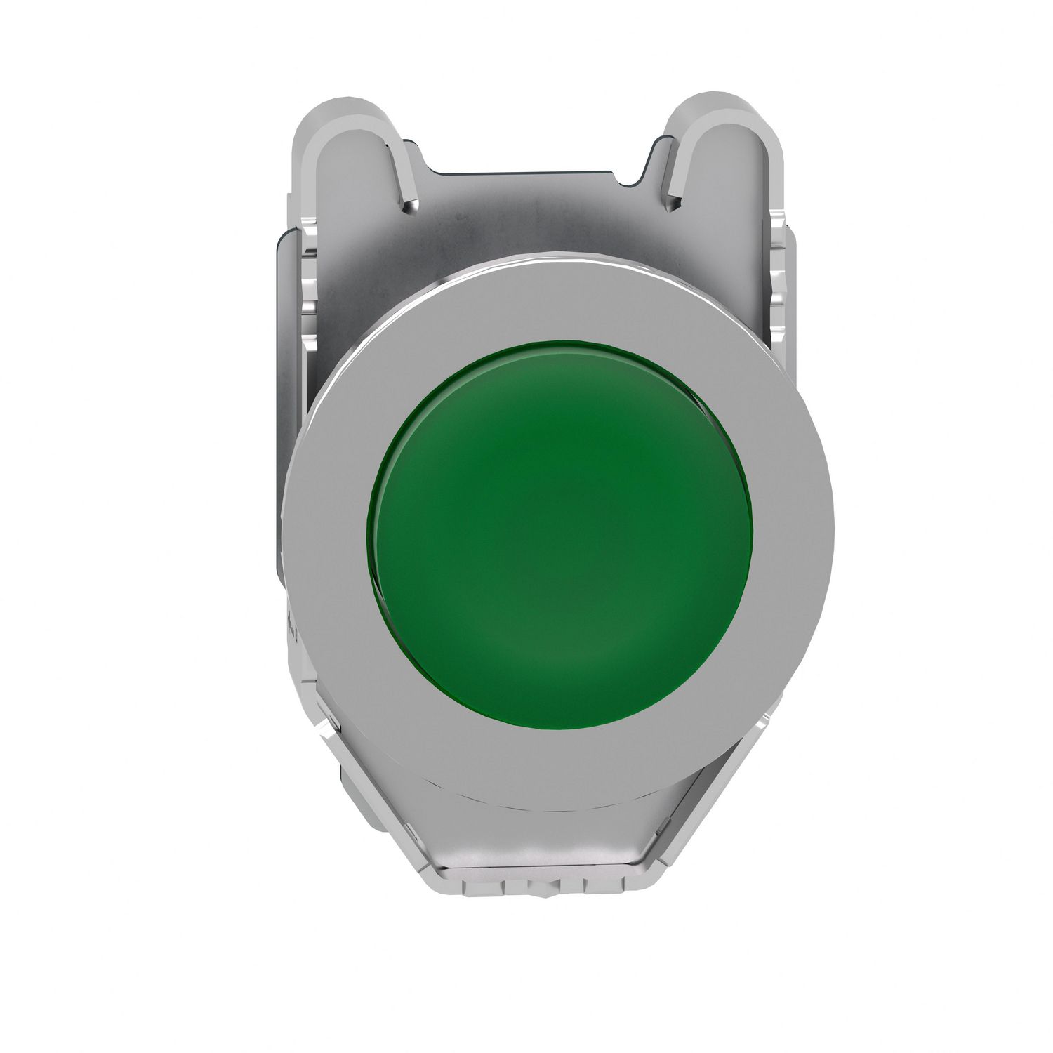 Picture of Head for illuminated push button, Harmony XB4, plastic, green projecting, 30mm, universal LED, spring return, plain lens