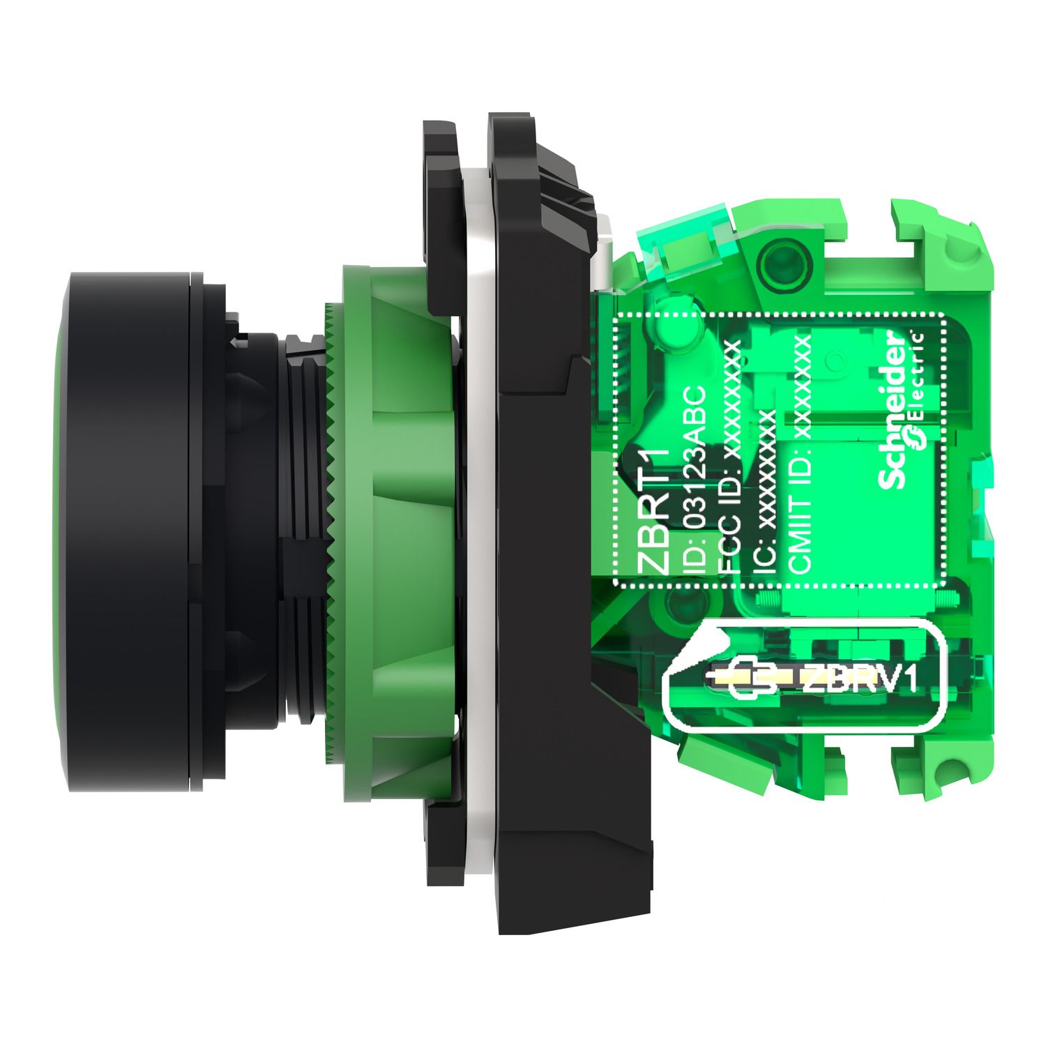 Picture of Wireless and batteryless transmitter, Harmony XB5R, push button, plastic, green, 22mm, spring return