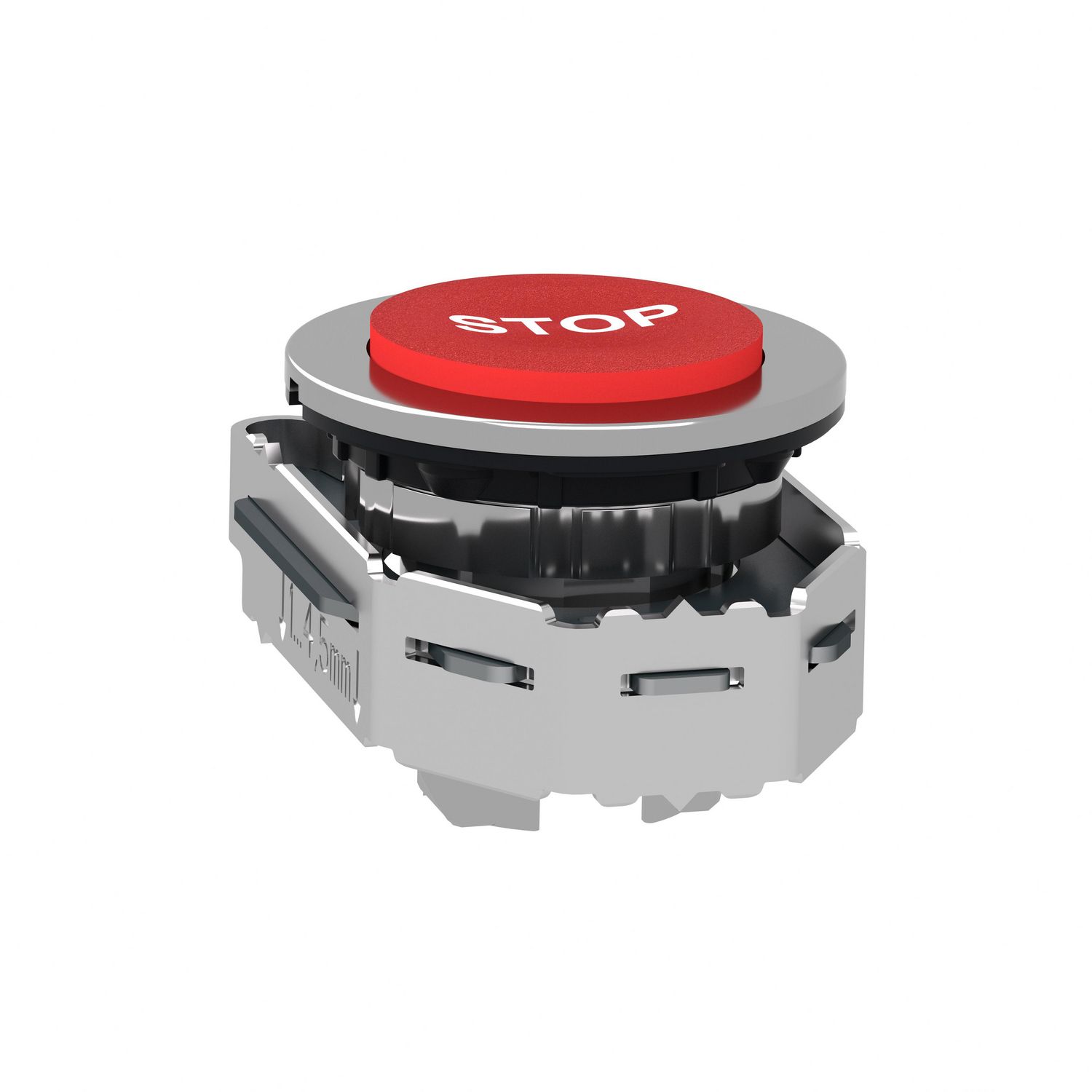 Picture of Flush mounted projecting push button head, Harmony XB4, metal, red, 30mm, spring return, marked STOP