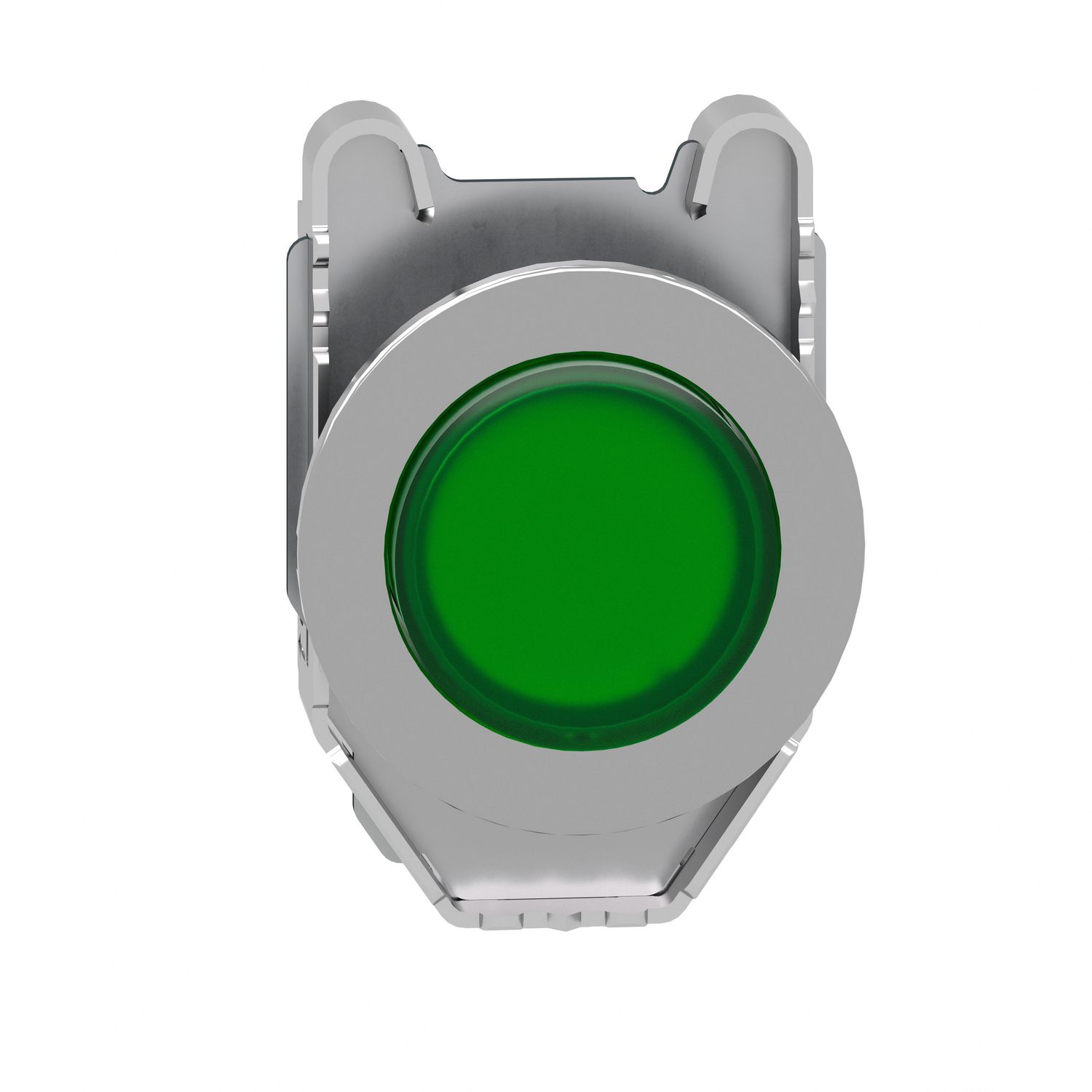Picture of Head for illuminated push button, Harmony XB4, metal, green projecting, 30mm, universal LED, push-push, unmarked