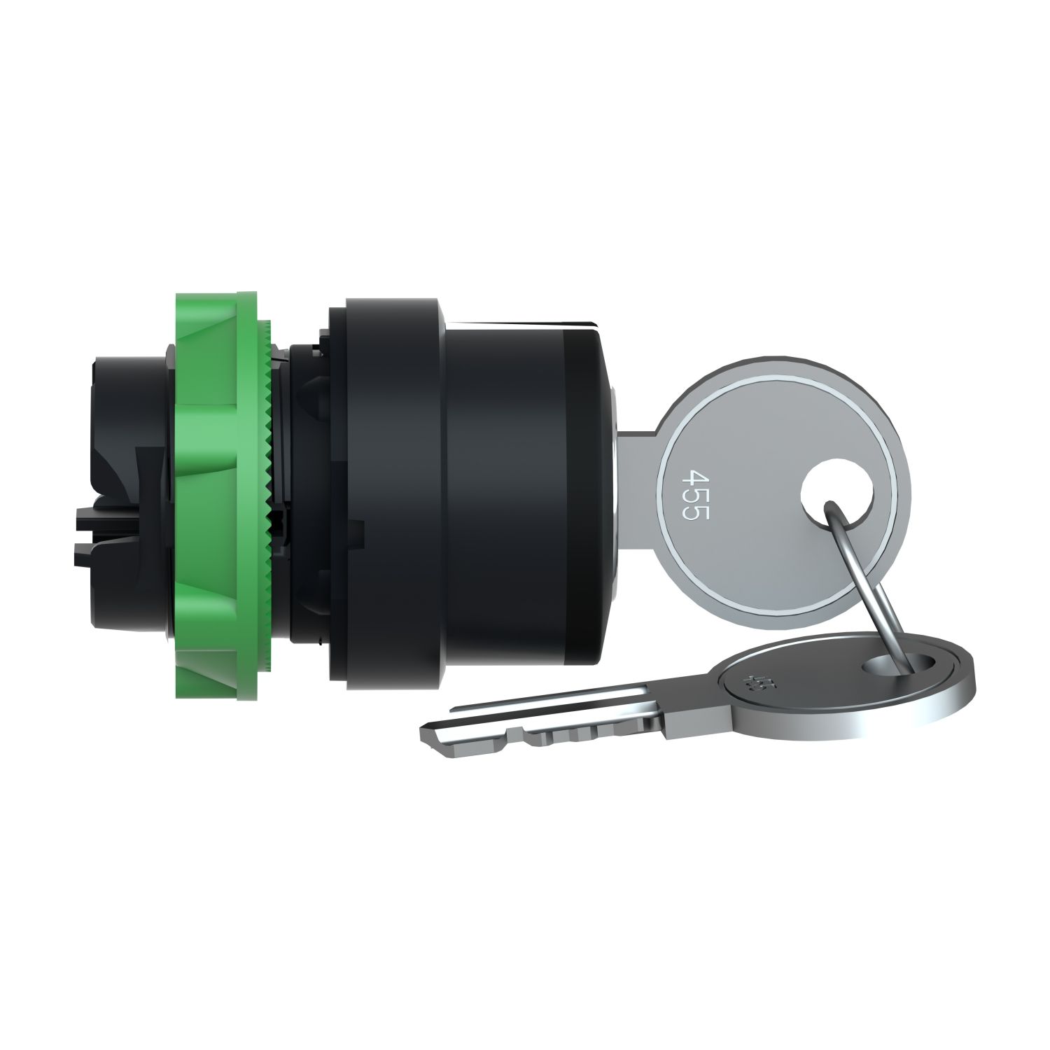 Picture of Key switch selector head, Harmony XB5, plastic, black, 22mm, key 455, 3 positions, spring return from right to center, key withdrawal left