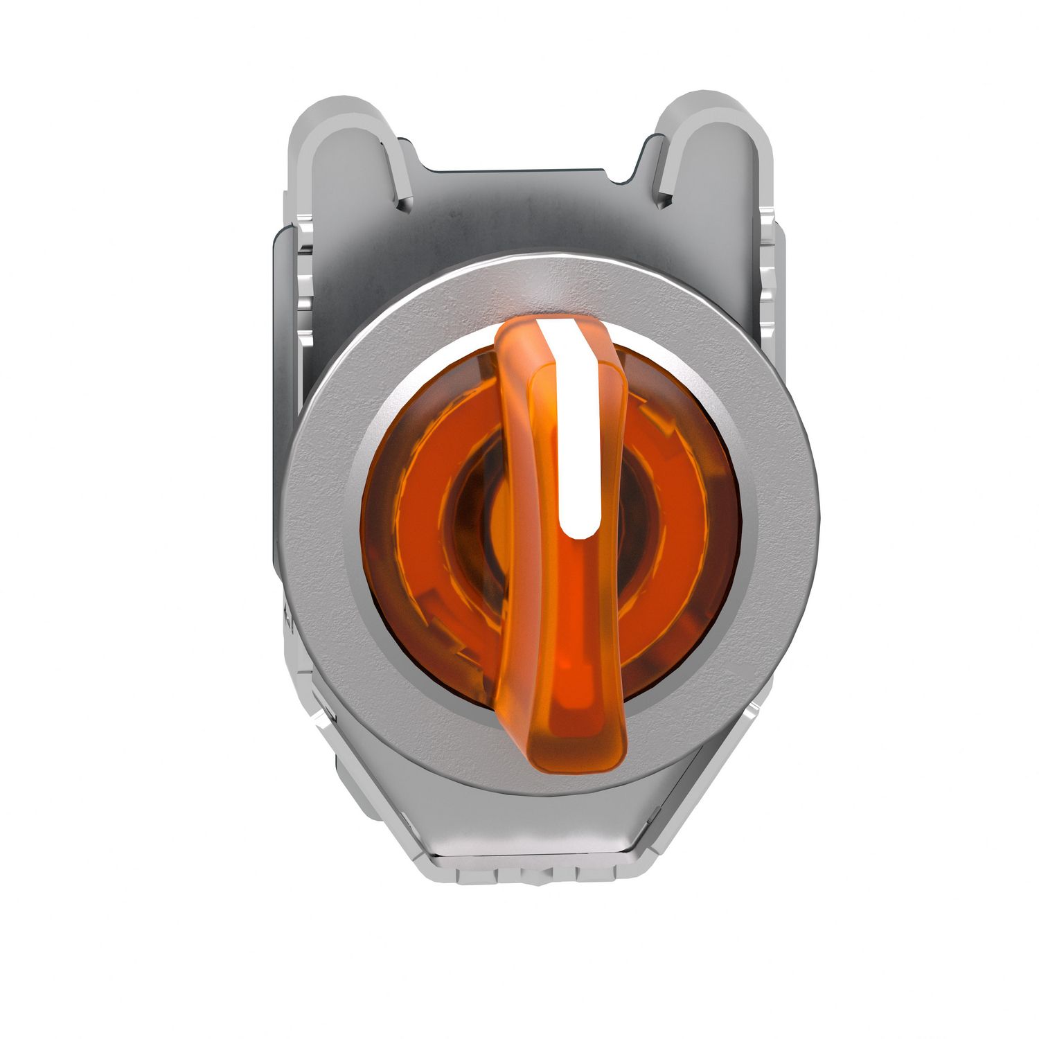 Picture of Head for illuminated selector switch, Harmony XB4, metal, orange handle, 30mm, universal LED, 3 positions, left to center