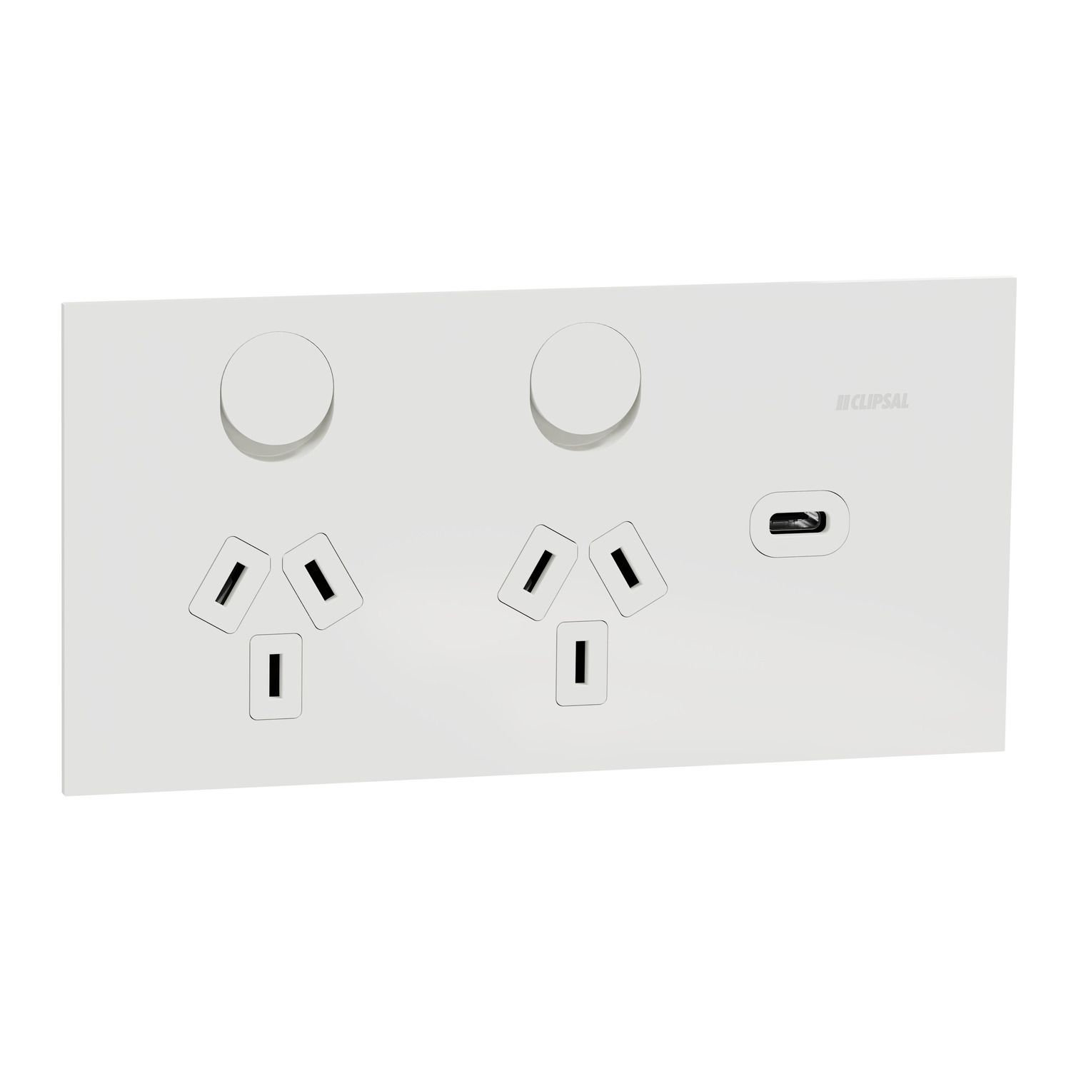 Picture of Double Switch Power Point, Clipsal Solis T Series, with USB C Charger, Horizontal Mount, 230V-240V, 10A