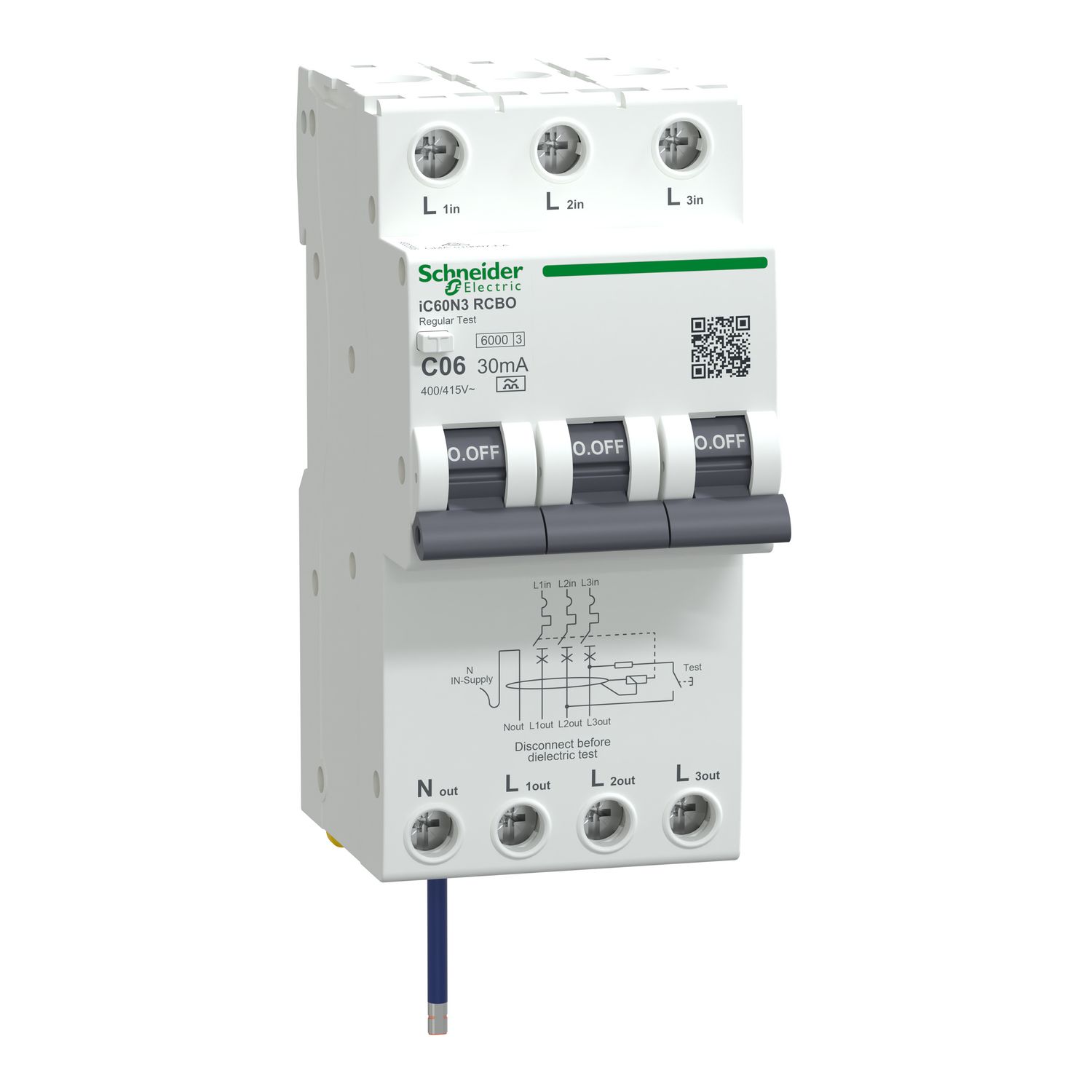 Picture of Residual current breaker with overcurrent protection (RCBO), Acti9 iC60 RCBO, 3P+Ns, C Curve, 6A, 30mA, A type, 6000A