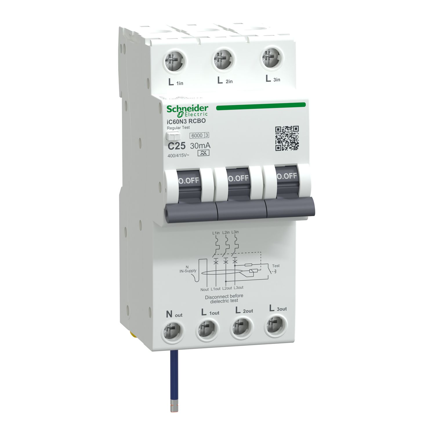 Picture of Residual current breaker with overcurrent protection (RCBO), Acti9 iC60 RCBO, 3P+Ns, C Curve, 25A, 30mA, A type, 6000A