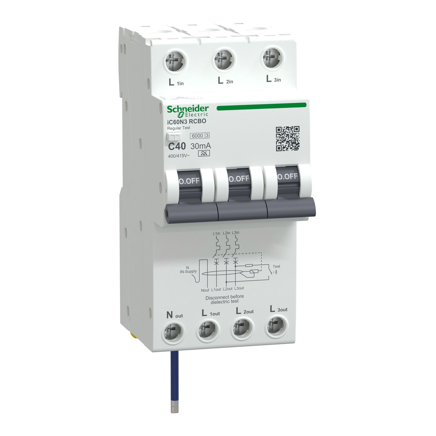 Picture of Residual current breaker with overcurrent protection (RCBO), Acti9 iC60 RCBO, 3P+Ns, C Curve, 40A, 30mA, A type, 6000A