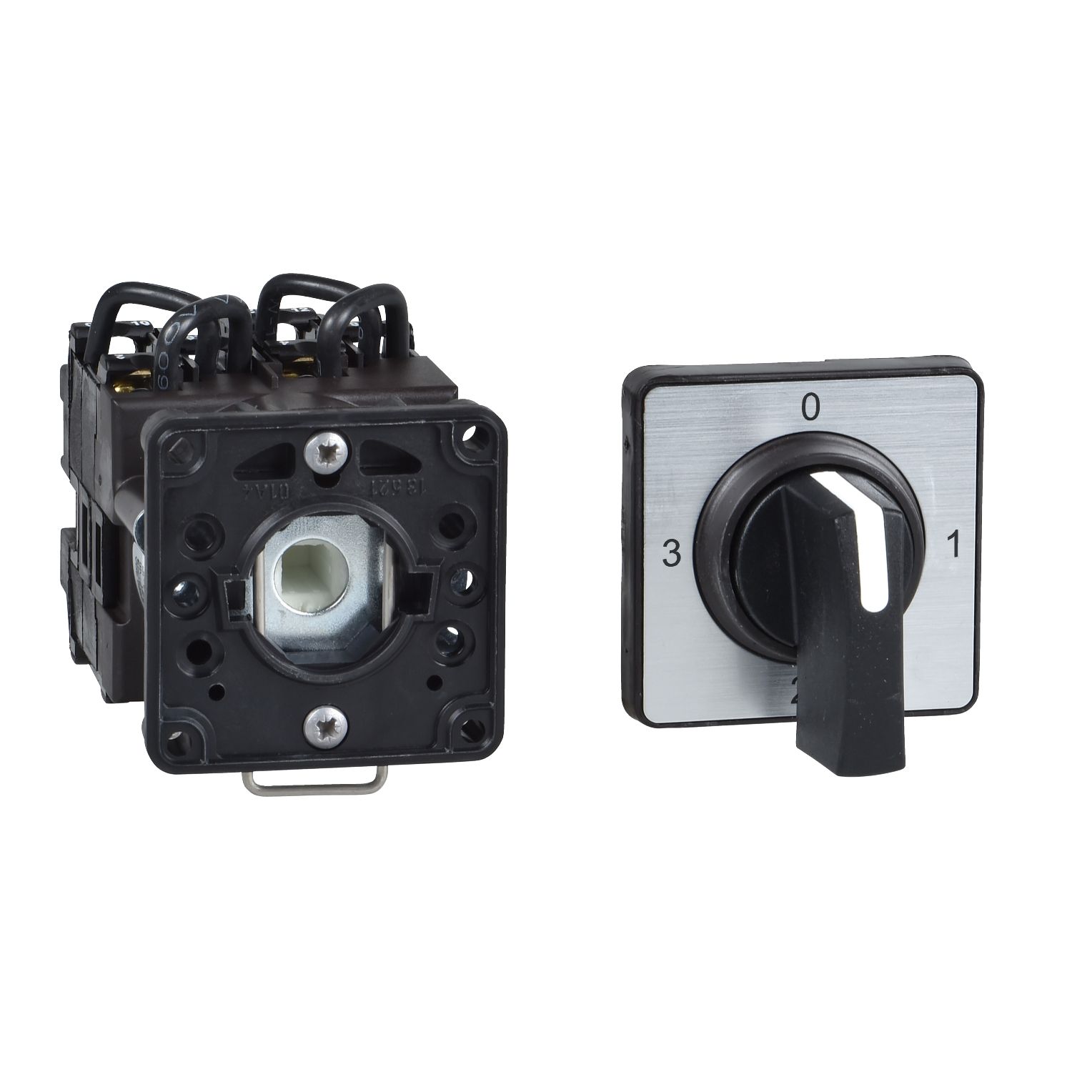 Picture of Cam ammeter switch, Harmony K, 22mm, plastic, 3 positions, position 0, 90°, 12A, 45x45mm, metallic legend, marked 0 L1 L2 L3, 35mm black handle