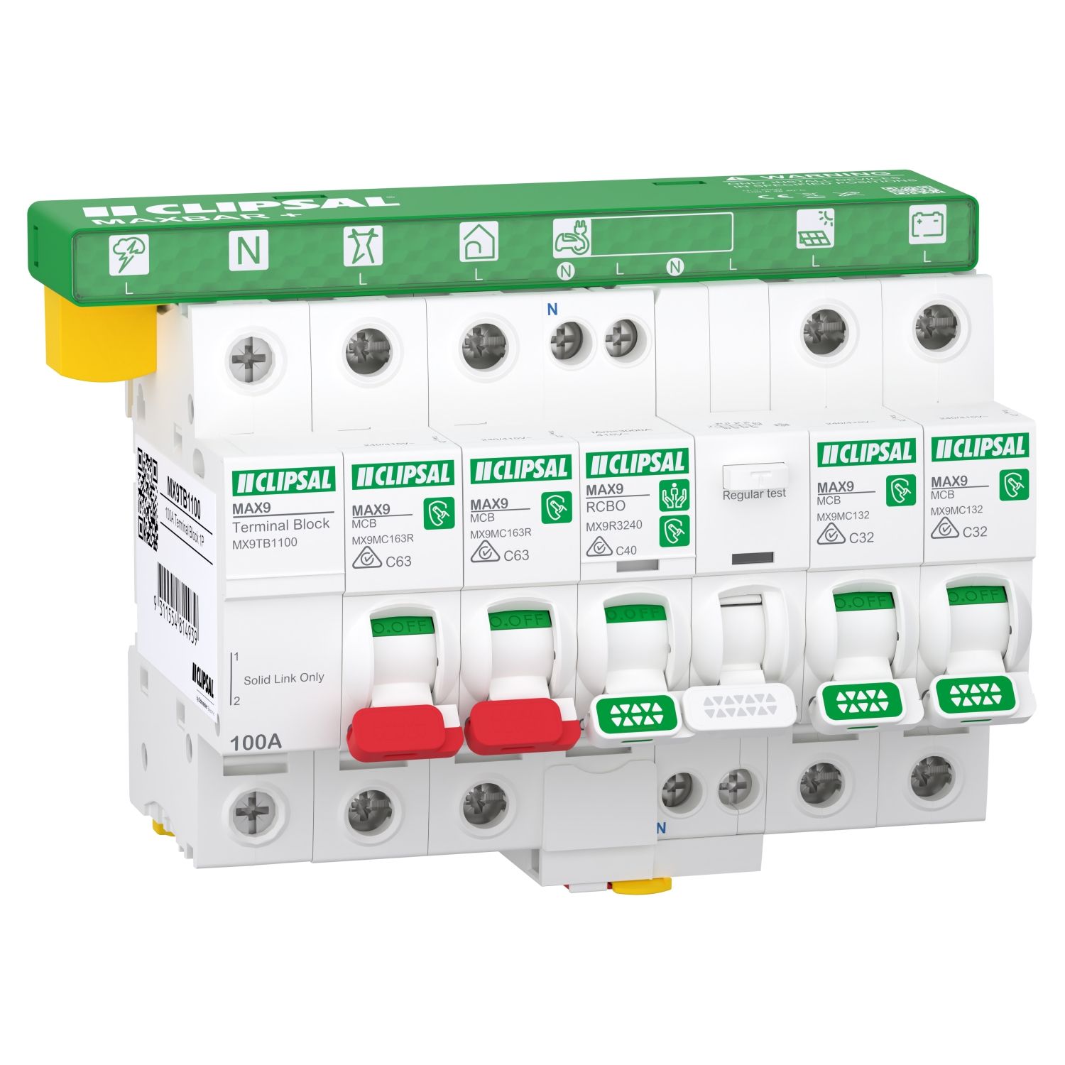 Picture of New Energy Protection Kits with MAXBAR+, MAX9, 1P+N, 2 x 63A MCB, 40A RCBO, 2 x 32A MCB, NTB and Accessories