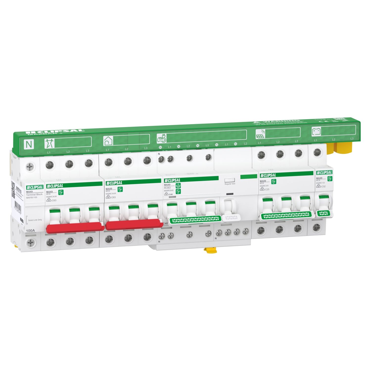 Picture of New Energy Protection Kits with MAXBAR+, MAX9, 3P+N, 2 x 63A MCB, 40A RCBO, 1 x 25A MCB, 1 x 1P 32A MCB, NTB and Accessories
