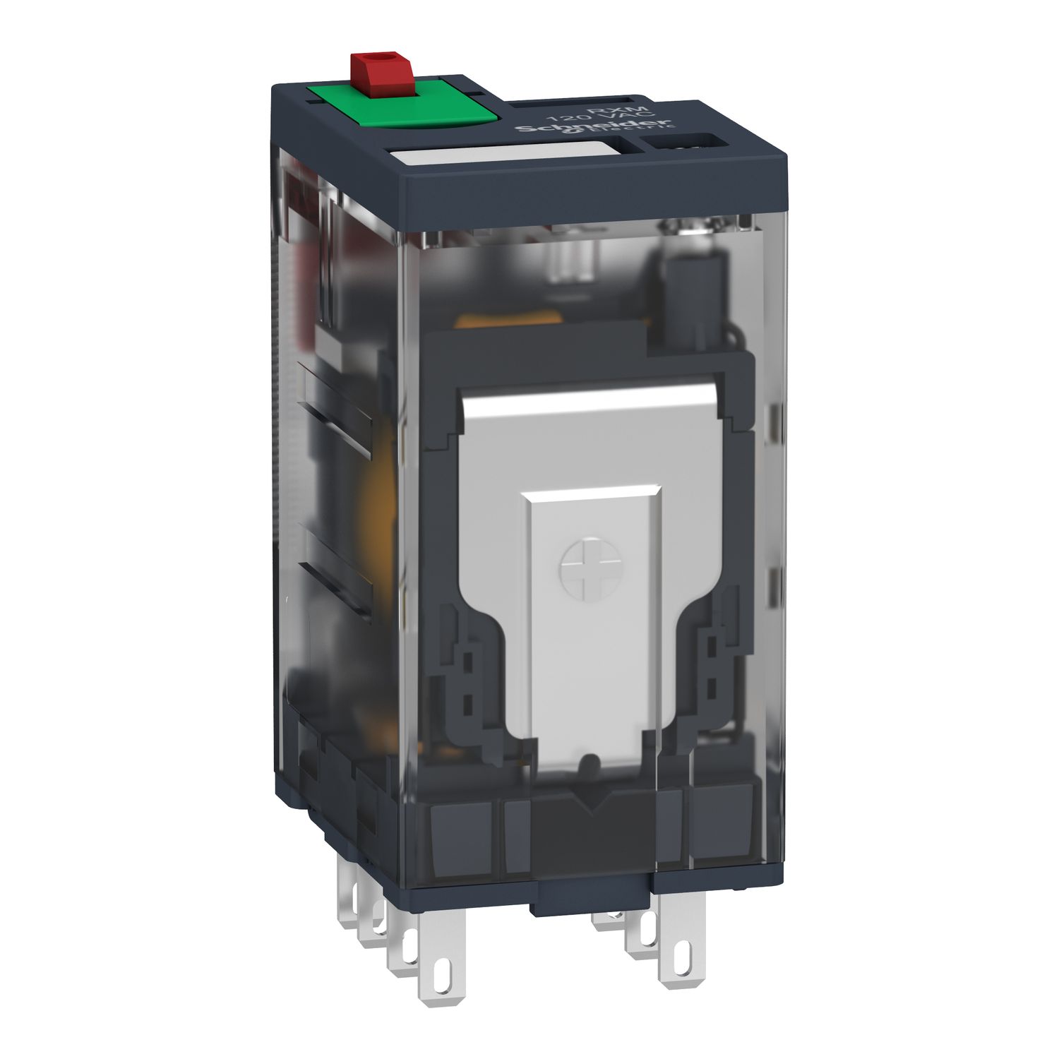 Picture of miniature plug in relay, Harmony Electromechanical Relays, 12A, 2CO, with LED, lockable test but to n, 24V AC