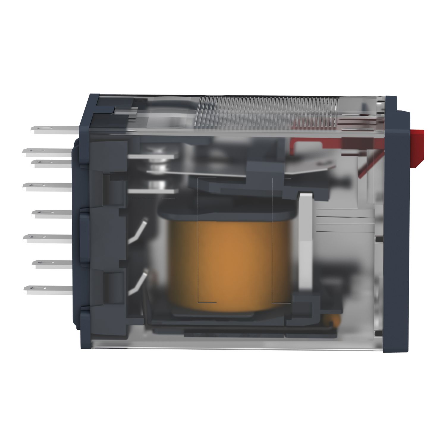 Picture of miniature plug in relay, Harmony Electromechanical Relays, 12A, 2CO, with LED, lockable test but to n, 24V AC