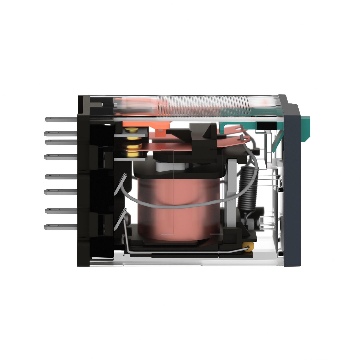 Picture of miniature plug in relay, Harmony Electromechanical Relays, 12A, 2CO, with LED, lockable test but to n, 120V AC