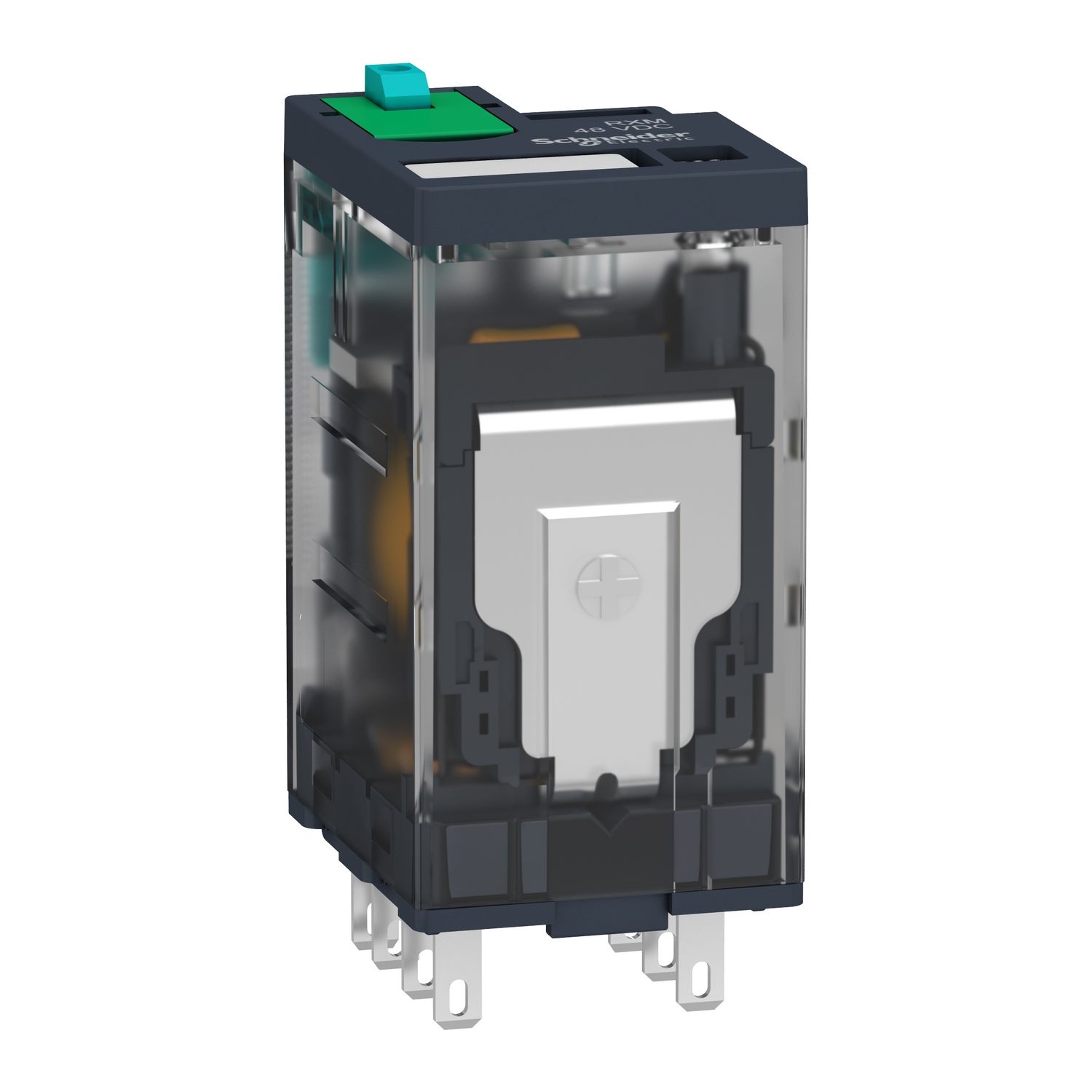 Picture of miniature plug in relay, Harmony Electromechanical Relays, 12A, 2CO, with LED, lockable test but to n, 12V DC