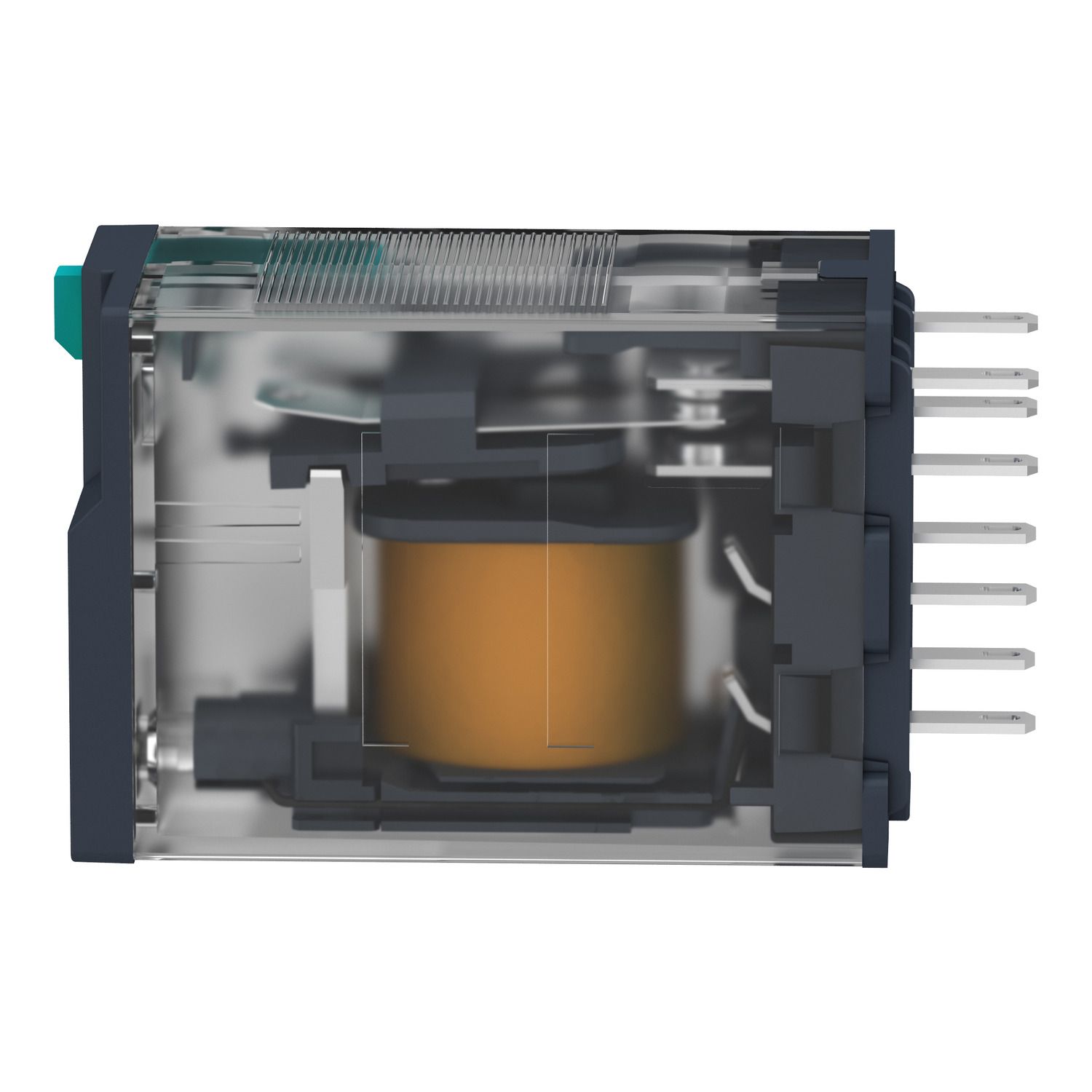 Picture of miniature plug in relay, Harmony Electromechanical Relays, 12A, 2CO, with LED, lockable test but to n, 12V DC