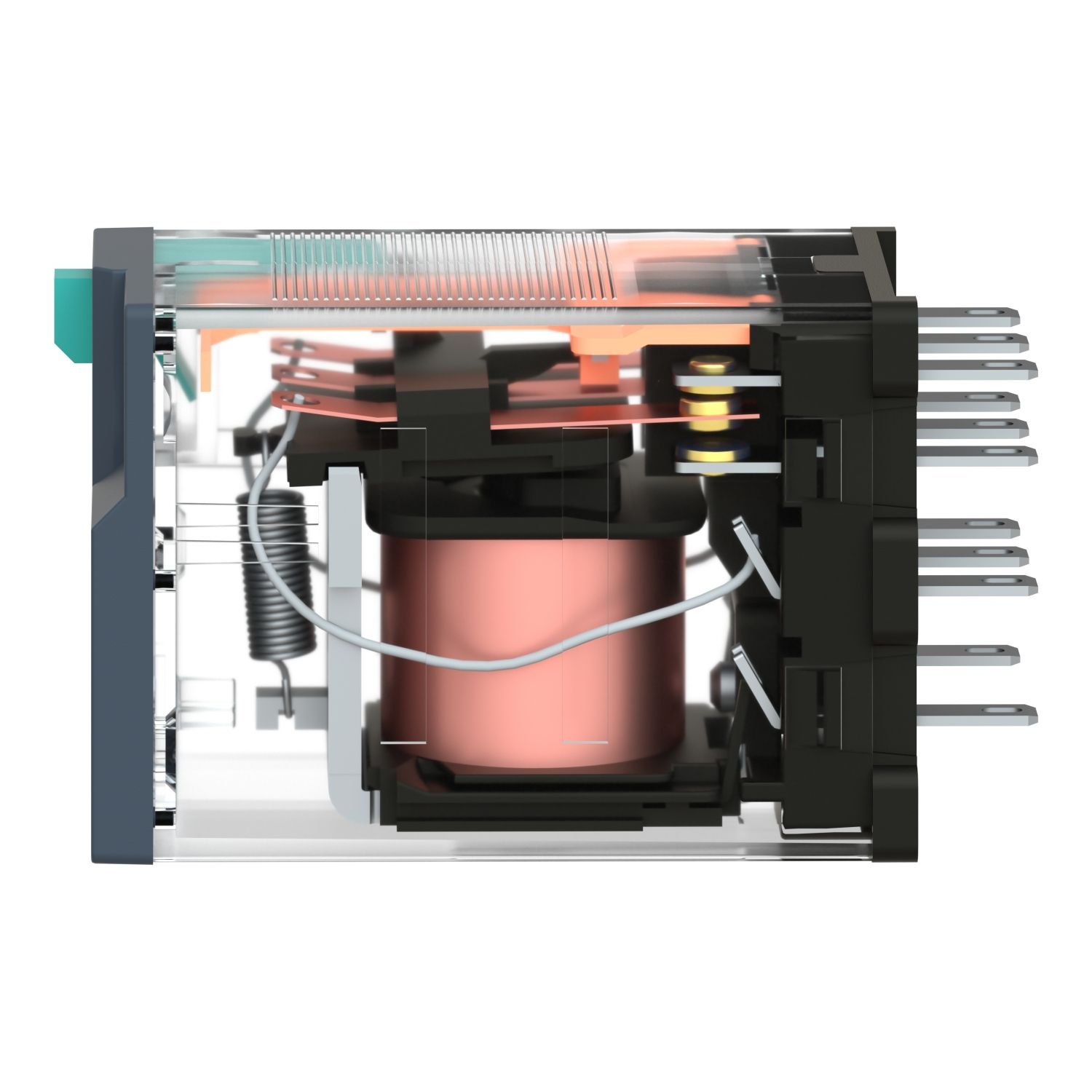 Picture of miniature plug in relay, Harmony Electromechanical Relays, 10A, 3CO, lockable test but to n, 24V DC