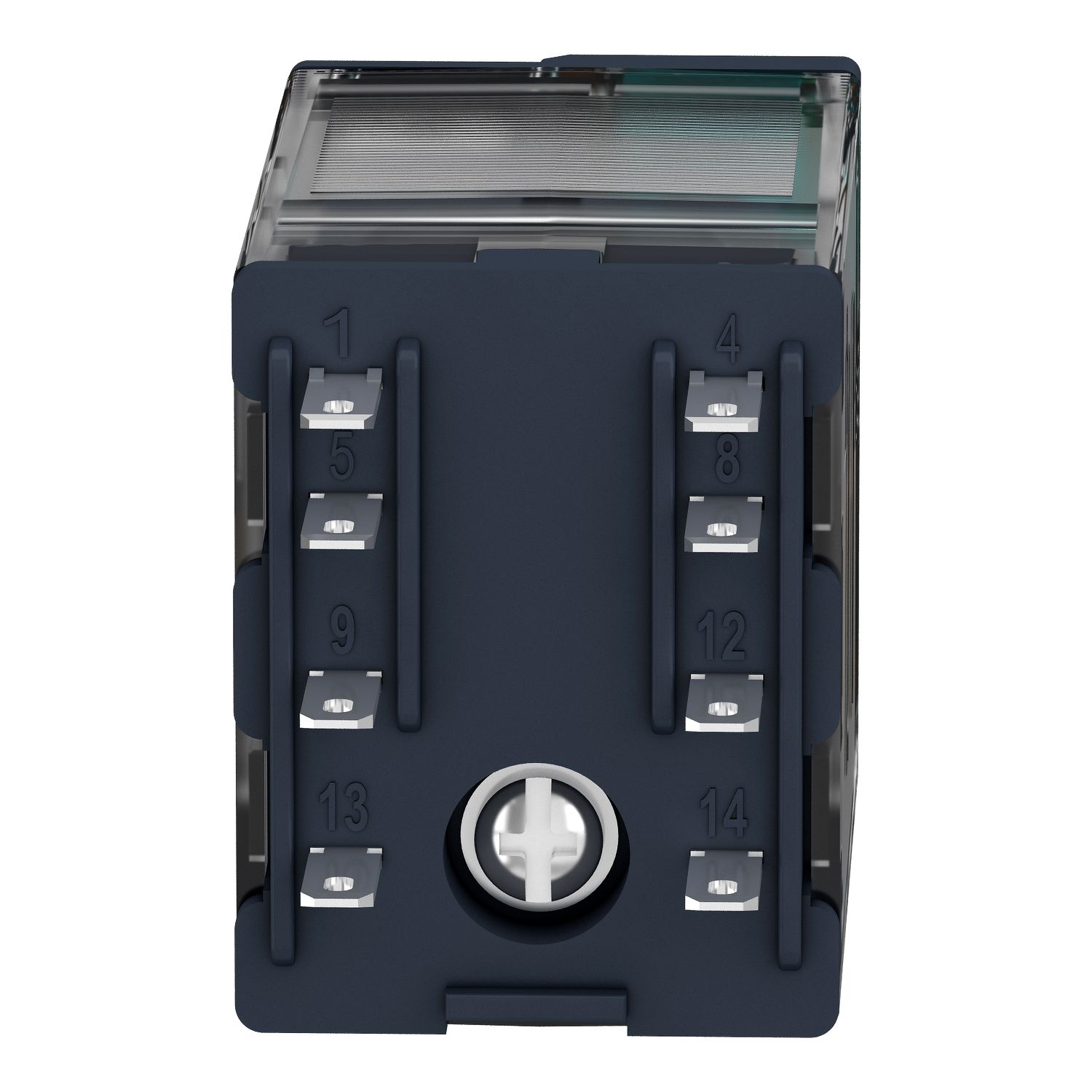 Picture of miniature plug in relay, Harmony Electromechanical Relays, 6A, 4CO, lockable test but to n, 110V DC