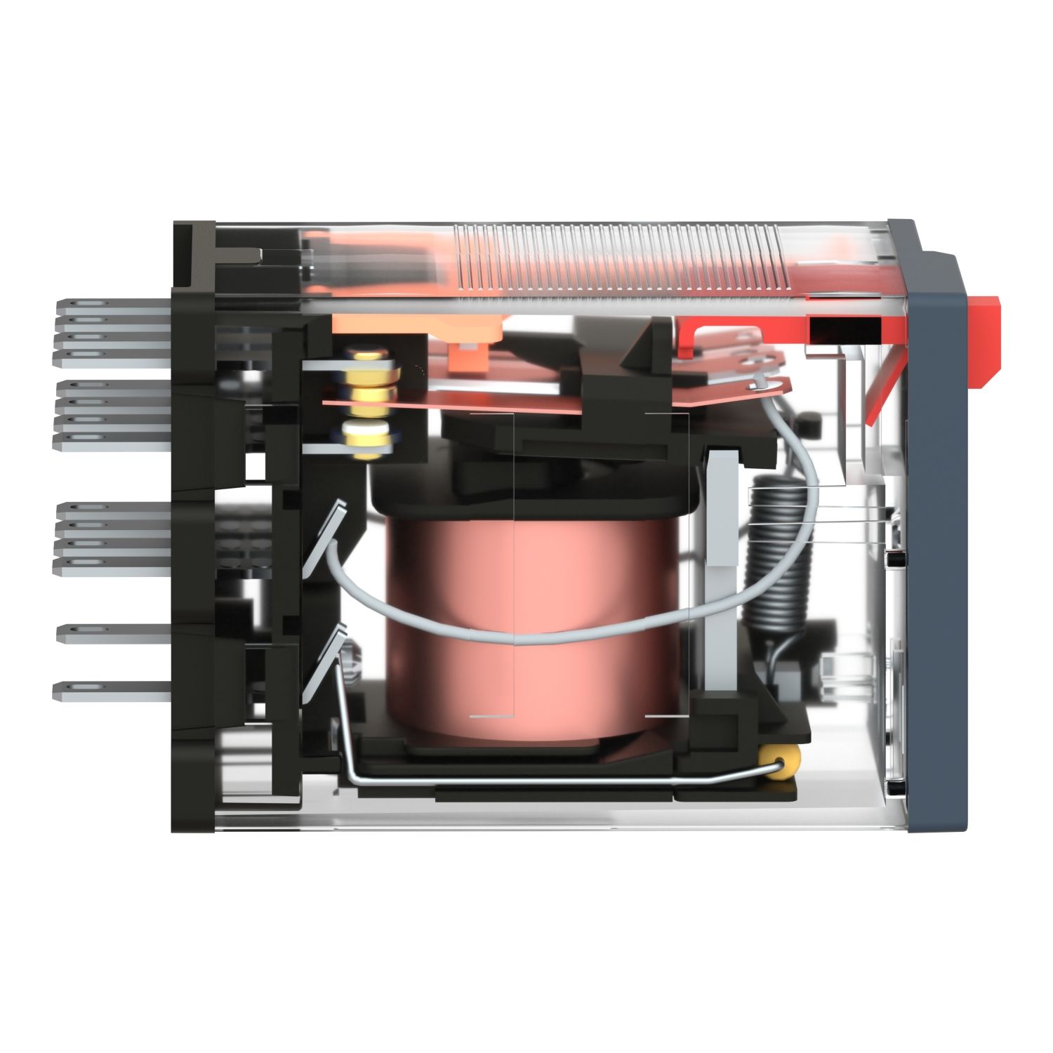 Picture of miniature plug in relay, Harmony Electromechanical Relays, 6A, 4CO, with LED, lockable test but to n, 24V AC