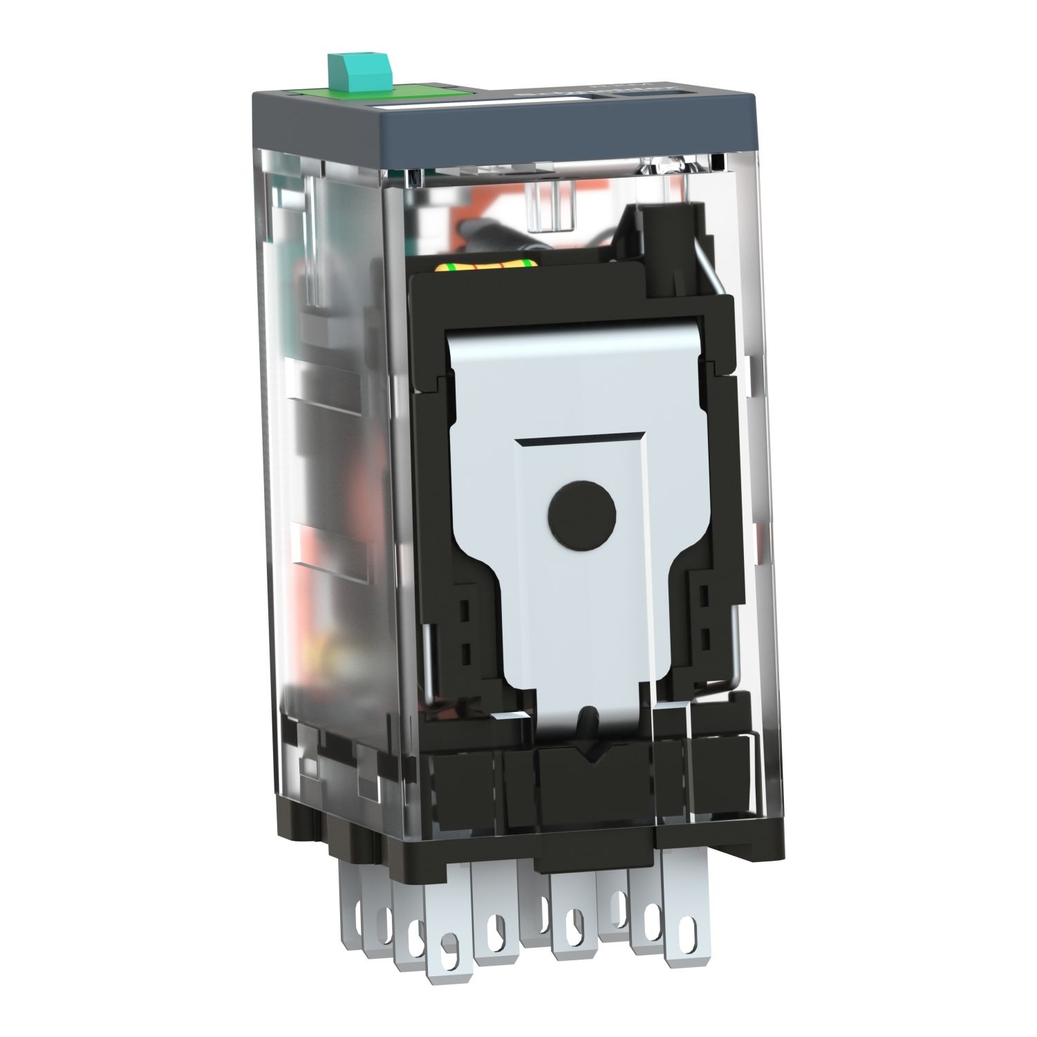 Picture of miniature plug in relay, Harmony Electromechanical Relays, 6A, 4CO, with LED, lockable test but to n, 24V DC