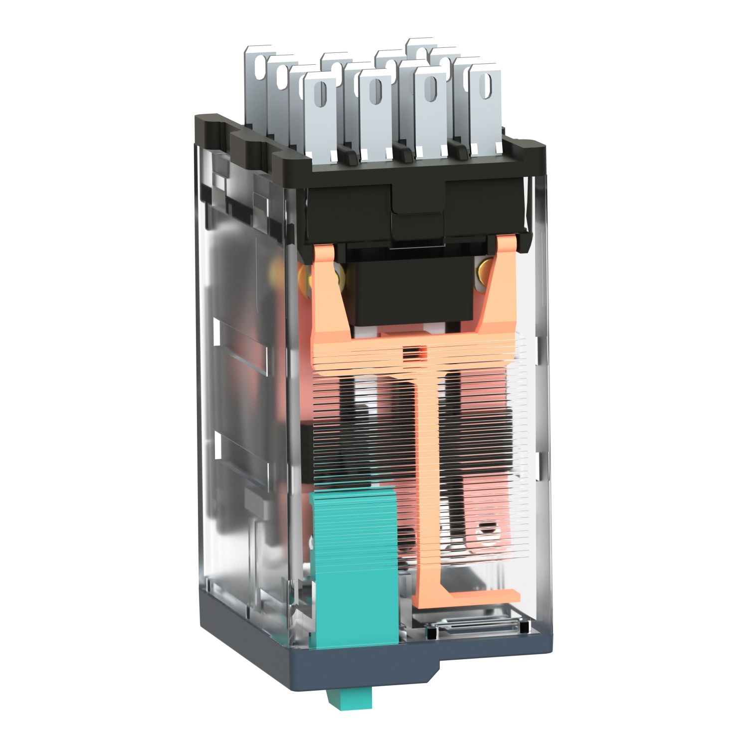 Picture of miniature plug in relay, Harmony Electromechanical Relays, 6A, 4CO, with LED, lockable test but to n, 24V DC