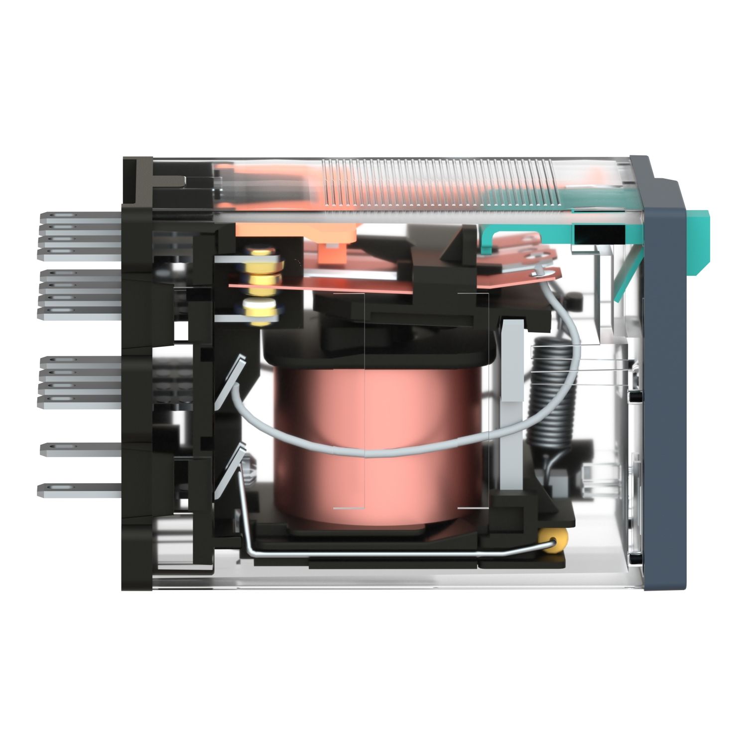 Picture of miniature plug in relay, Harmony Electromechanical Relays, 6A, 4CO, with LED, lockable test but to n, 24V DC