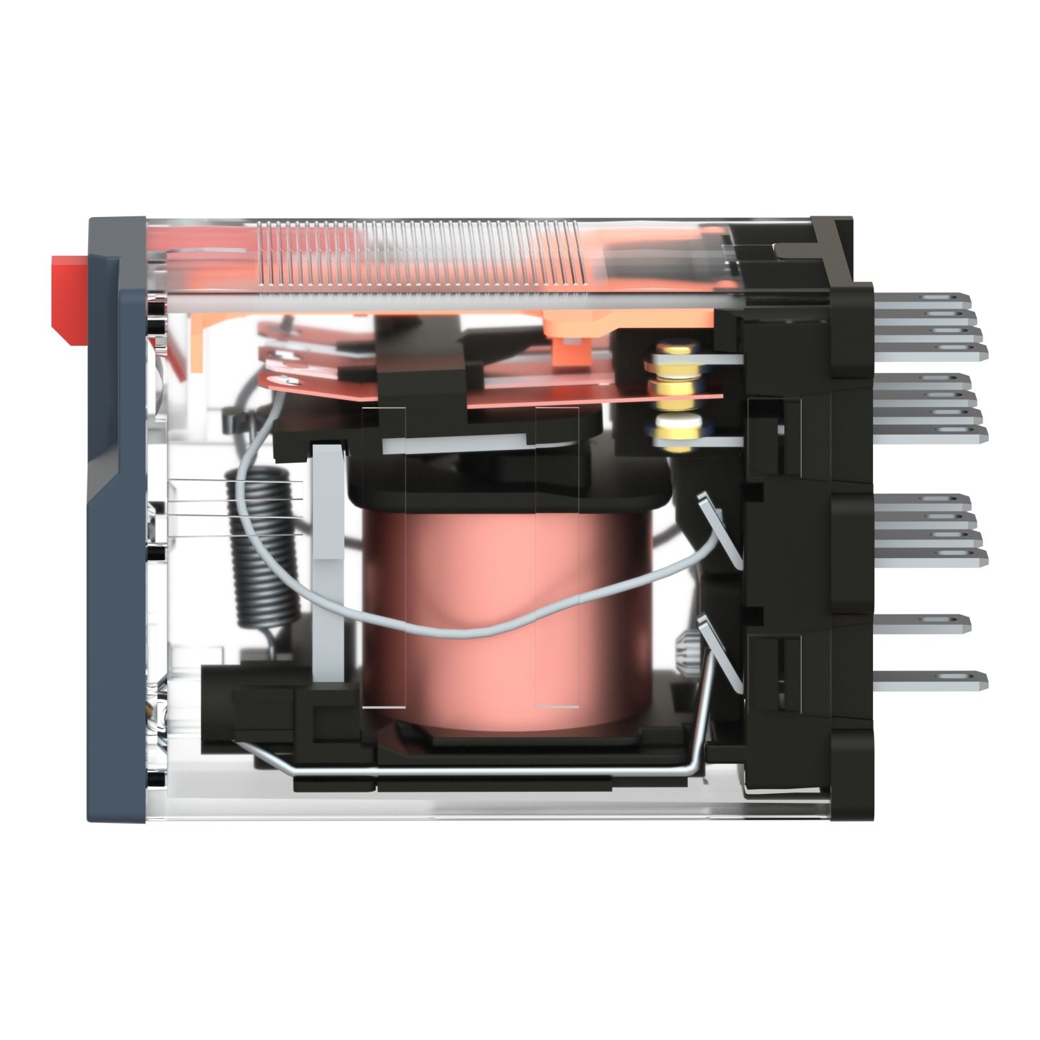 Picture of miniature plug in relay, Harmony Electromechanical Relays, 6A, 4CO, with LED, lockable test but to n, 48V AC