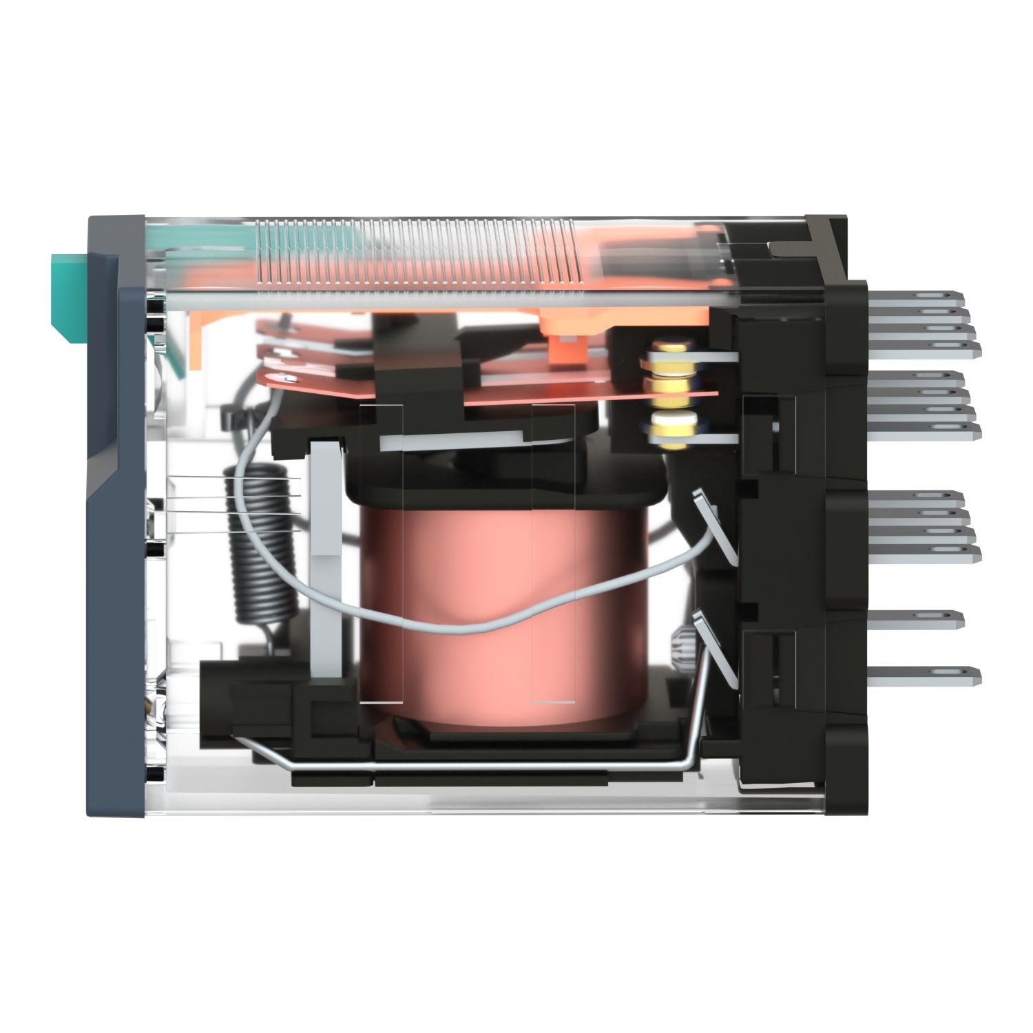 Picture of miniature plug in relay, Harmony Electromechanical Relays, 6A, 4CO, with LED, lockable test but to n, 125V DC