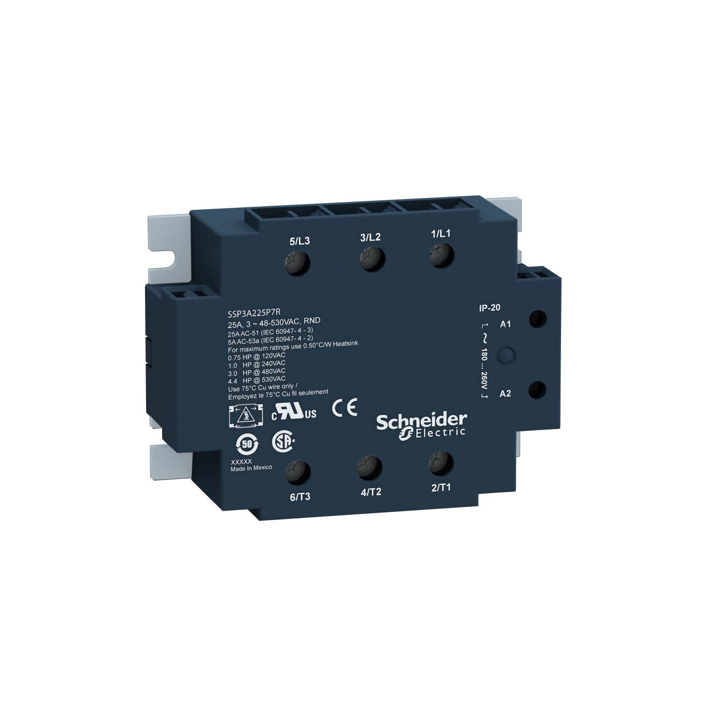 Picture of three phase relay, Harmony Solid State Relays, 50A, panel mount, random switching, thermal pad, input 18 to 36V AC, output 48 to 530V AC