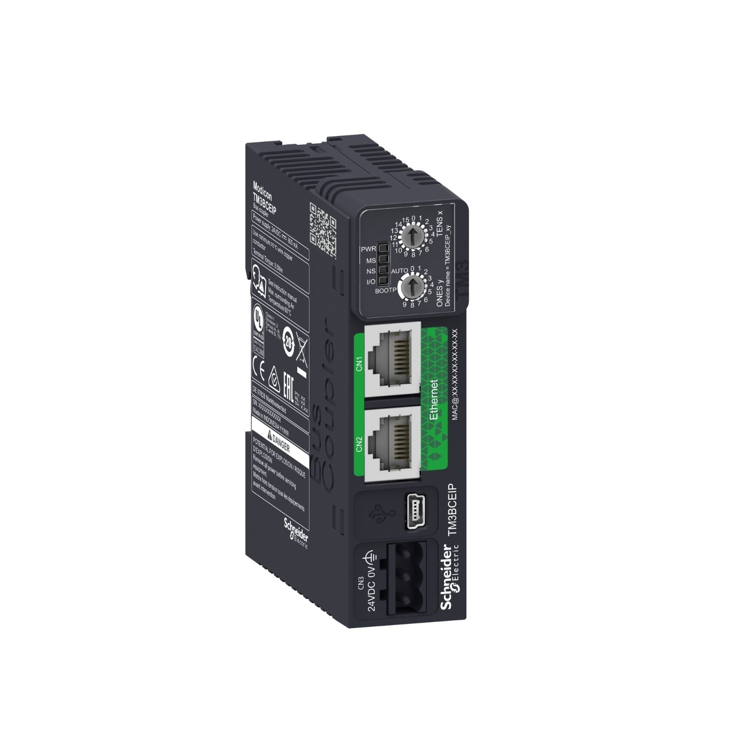 Picture of distributed IO module, Modicon TM3, IP20 optimized bus coupler, Ethernet interface