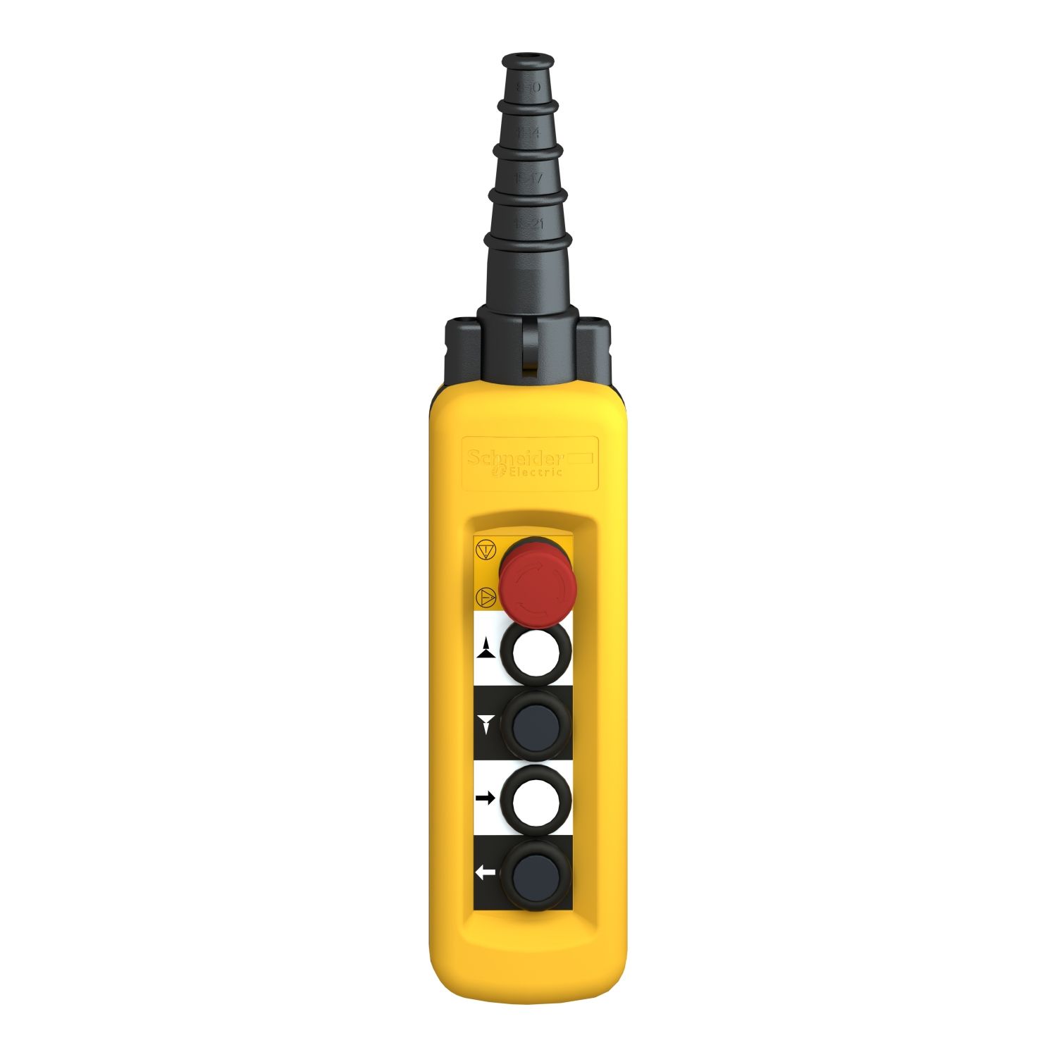 Picture of Pendant control station, Harmony XAC, plastic, yellow, 4 push buttons, 1 and 2 with 2 NO + NC , 3 and 4 with  1 NO, 1 emergency stop NC