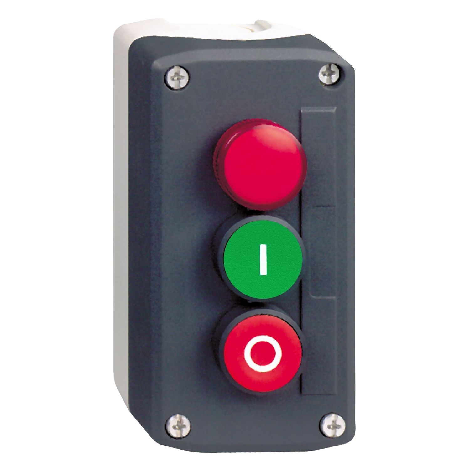 Picture of Control station, Harmony XALD XALK, plastic, dark grey, 1 red pilot light/1 green flush I/1 red flush O push buttons, Ø22 , spring return