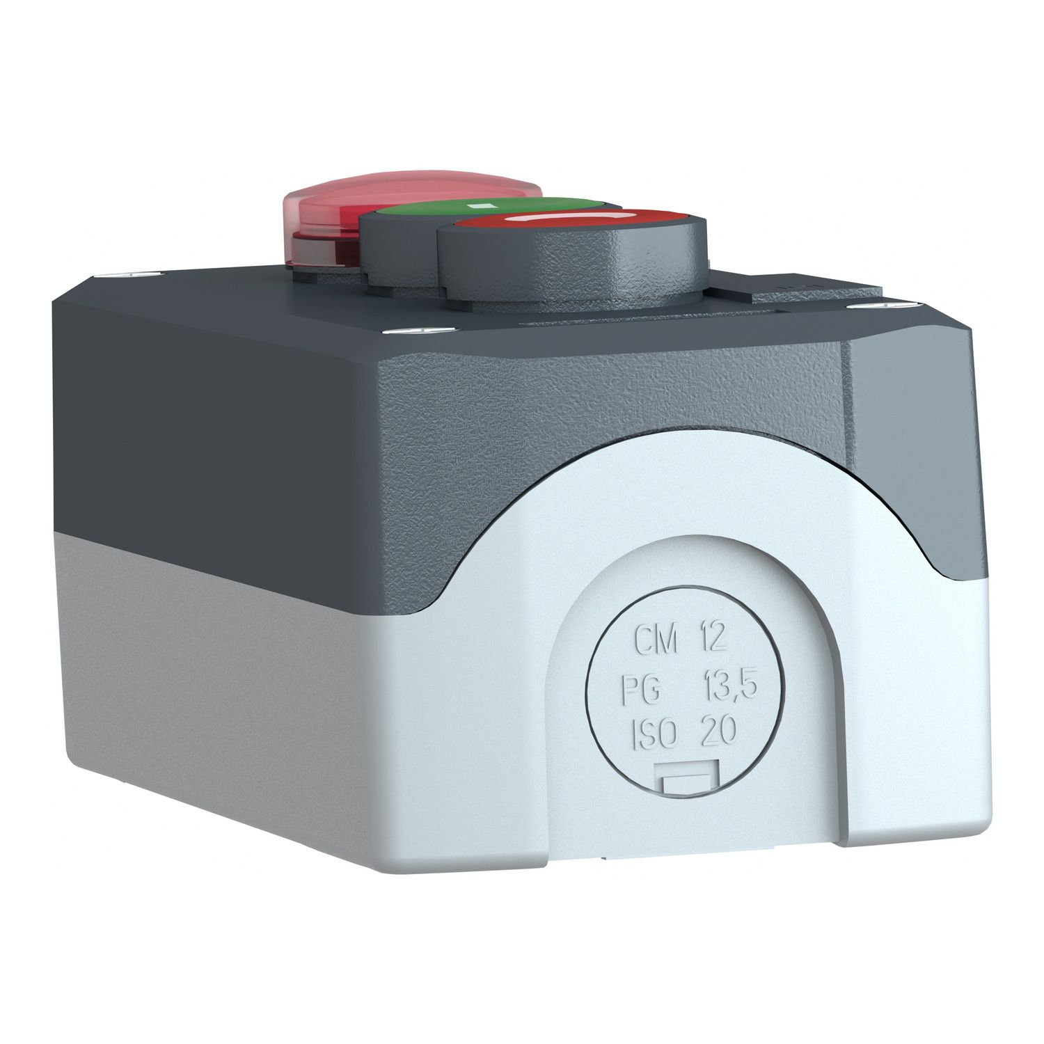 Picture of Control station, Harmony XALD XALK, plastic, dark grey, 1 red pilot light/1 green flush I/1 red flush O push buttons, Ø22 , spring return