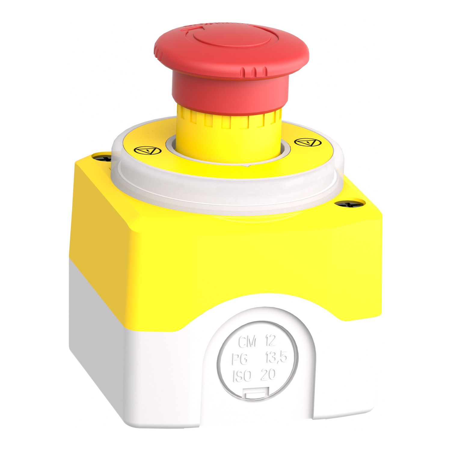 Picture of Control station, Harmony XALD, XALK, plastic, yellow lid, 1 Estop push button 40mm, turn to release, illum ring white red fixed, 1NO 2NC, 24V AC DC