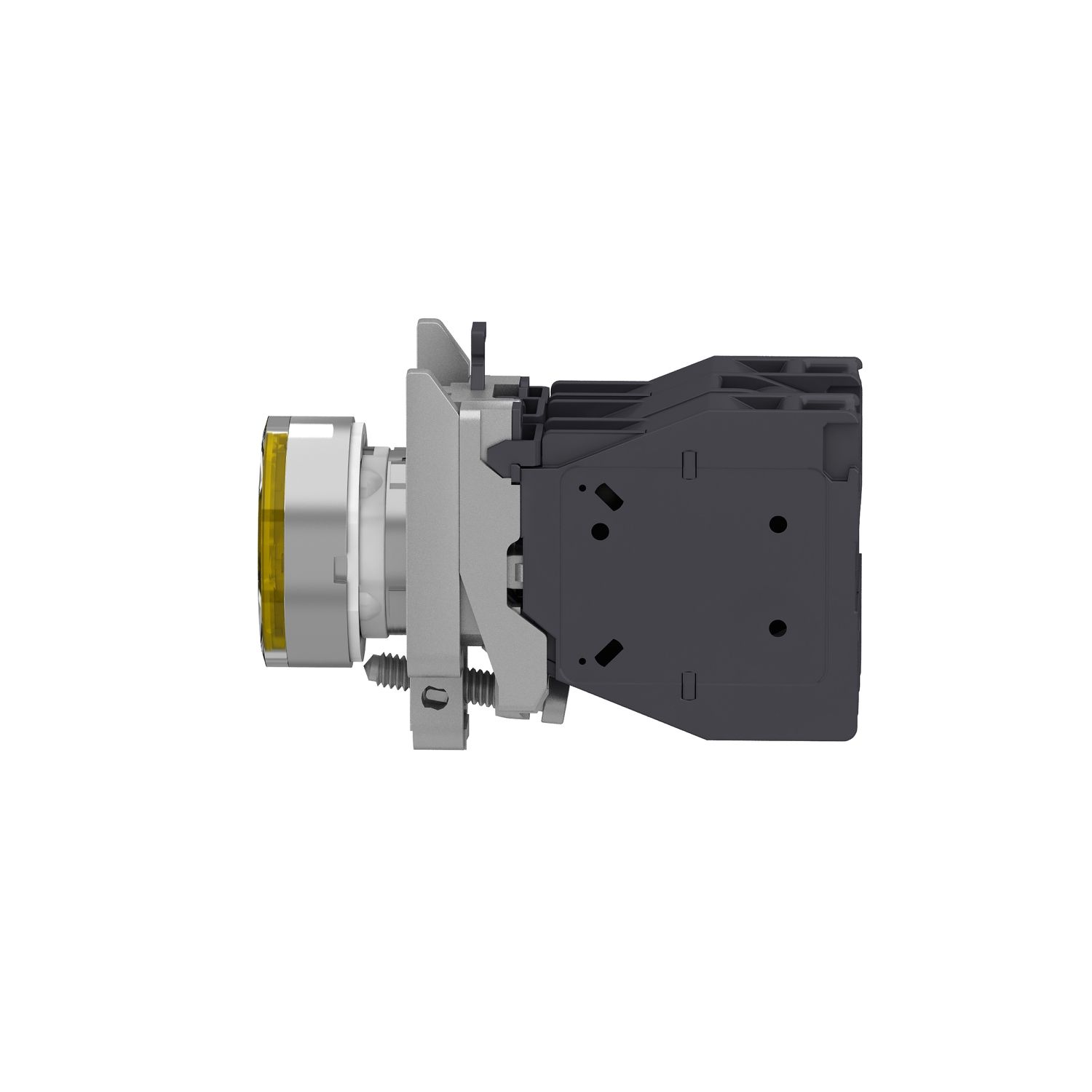 Picture of Complete illuminated push button, Harmony XB4 - ATEX D, metal, yellow flush, 22mm, spring return, booted, 1NO, 24...254V AC/DC