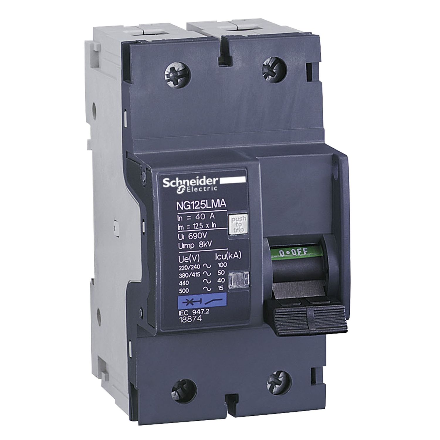 Picture of Miniature circuit breaker (MCB), Acti9 NG125LMA, 2P, 16A, MA curve, 50kA (IEC/EN 60947-2)