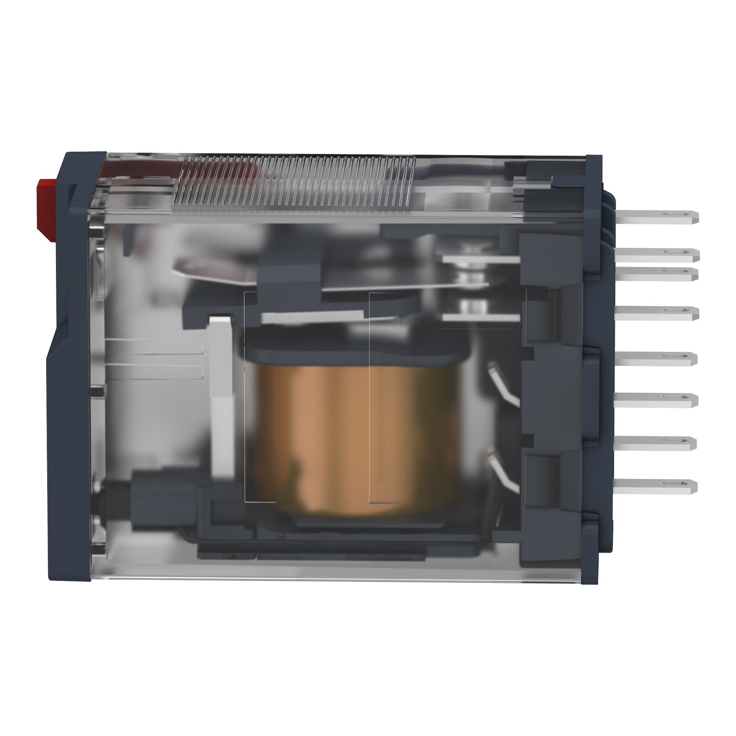 Picture of miniature plug in relay, Harmony Electromechanical Relays, 12A, 2CO, lockable test but to n, 48V AC