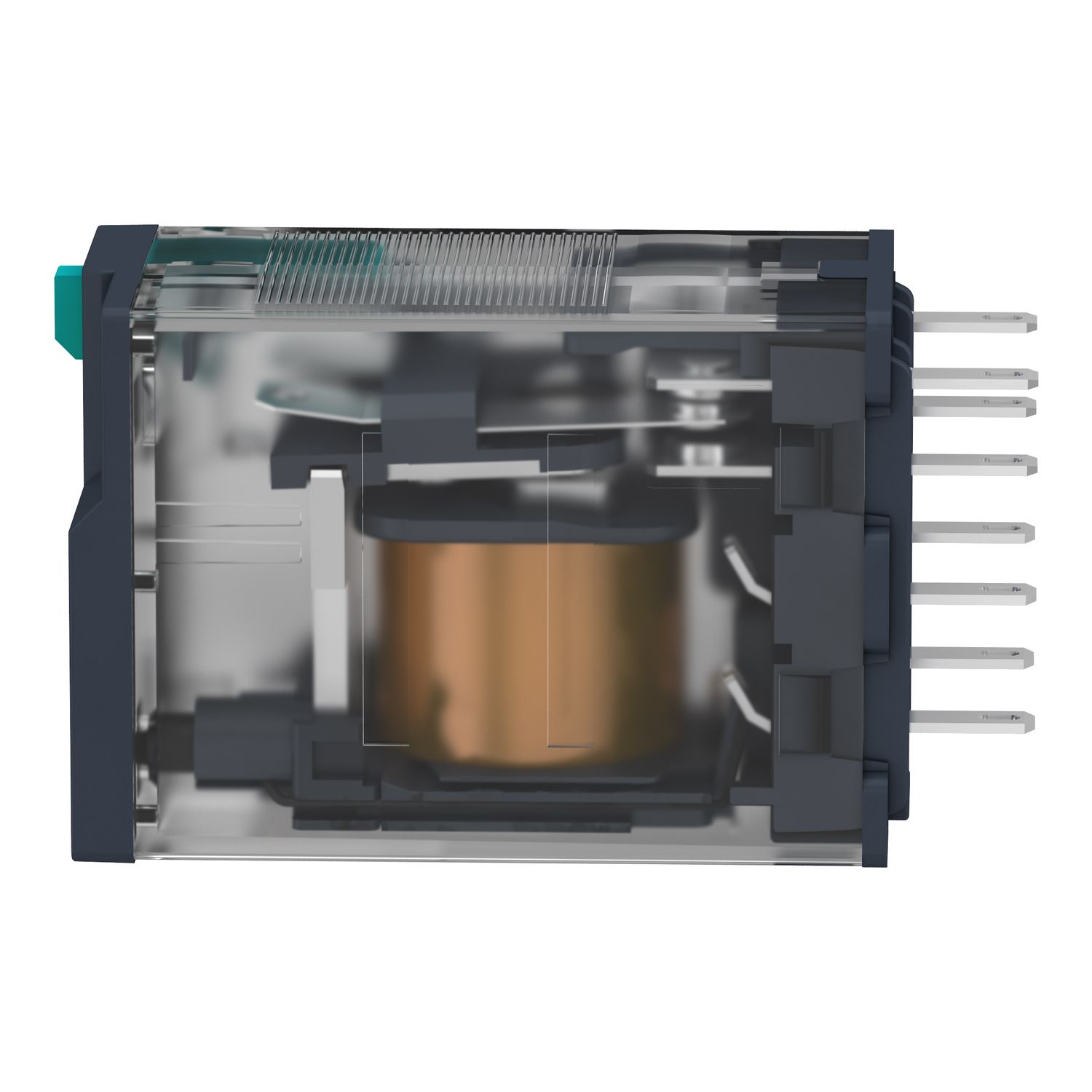 Picture of miniature plug in relay, Harmony Electromechanical Relays, 12A, 2CO, lockable test but to n, 48V DC