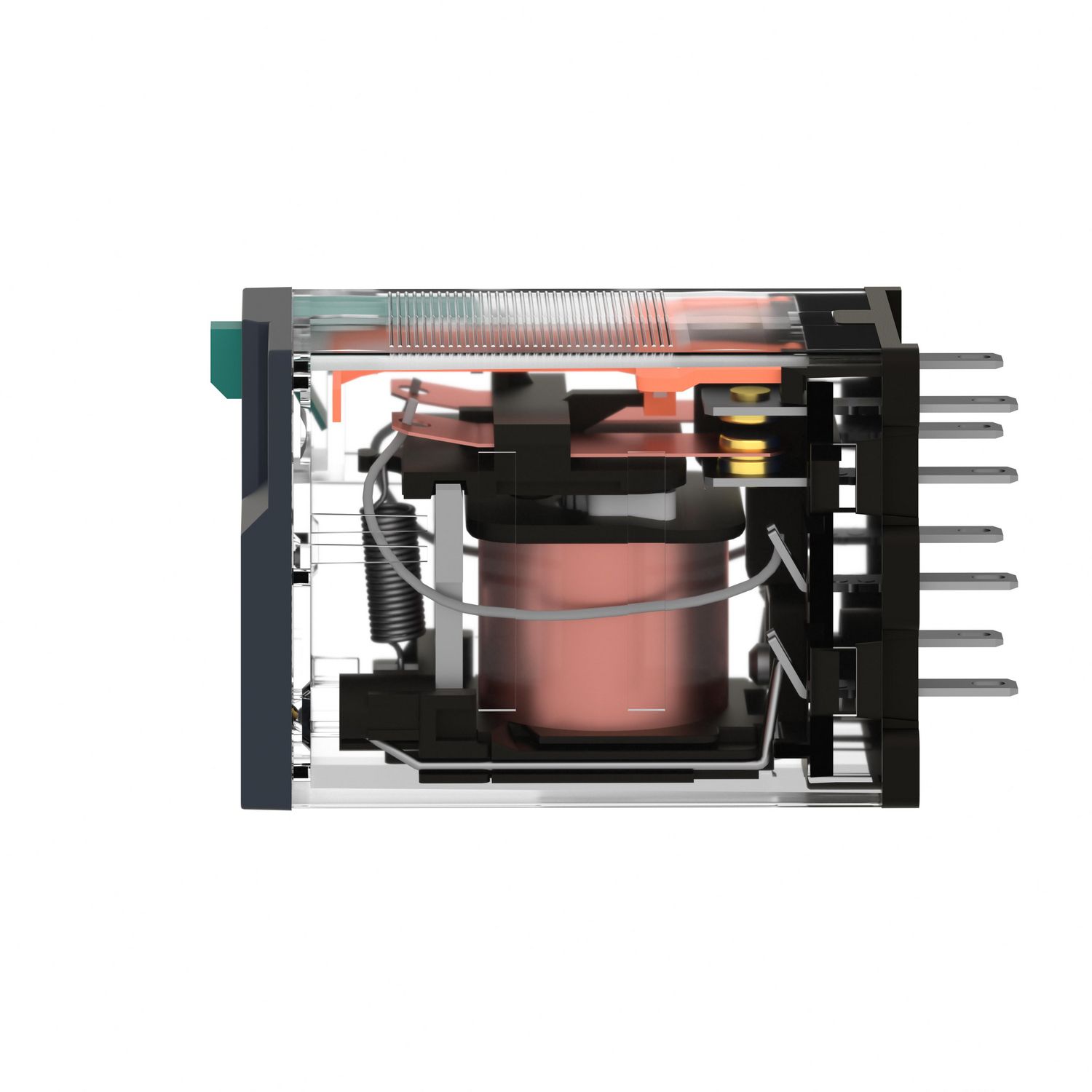 Picture of miniature plug in relay, Harmony Electromechanical Relays, 12A, 2CO, lockable test but to n, 48V DC