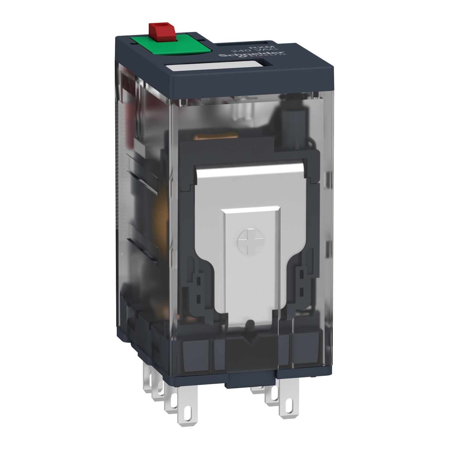 Picture of miniature plug in relay, Harmony Electromechanical Relays, 12A, 2CO, lockable test but to n, 120V AC