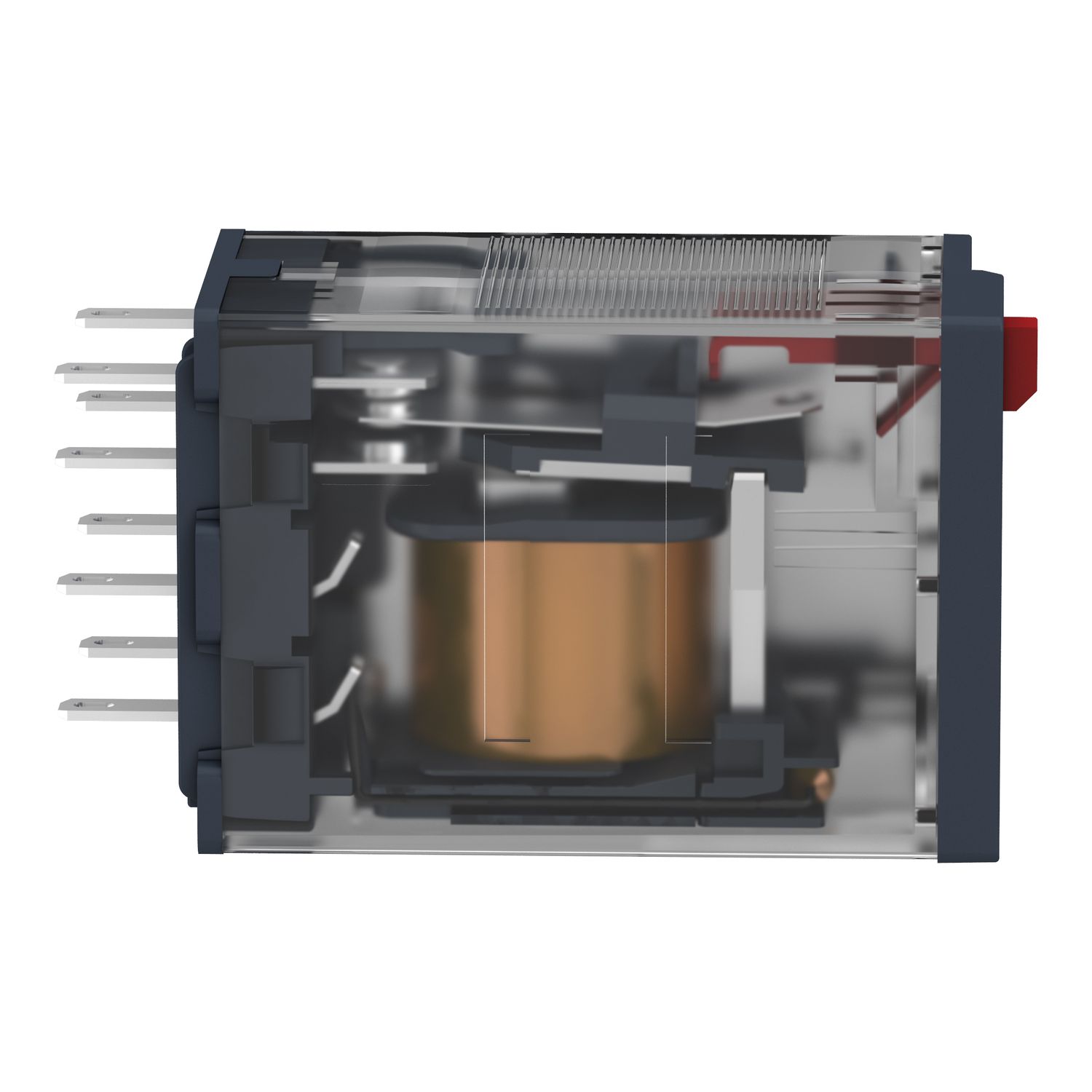 Picture of miniature plug in relay, Harmony Electromechanical Relays, 12A, 2CO, lockable test but to n, 120V AC