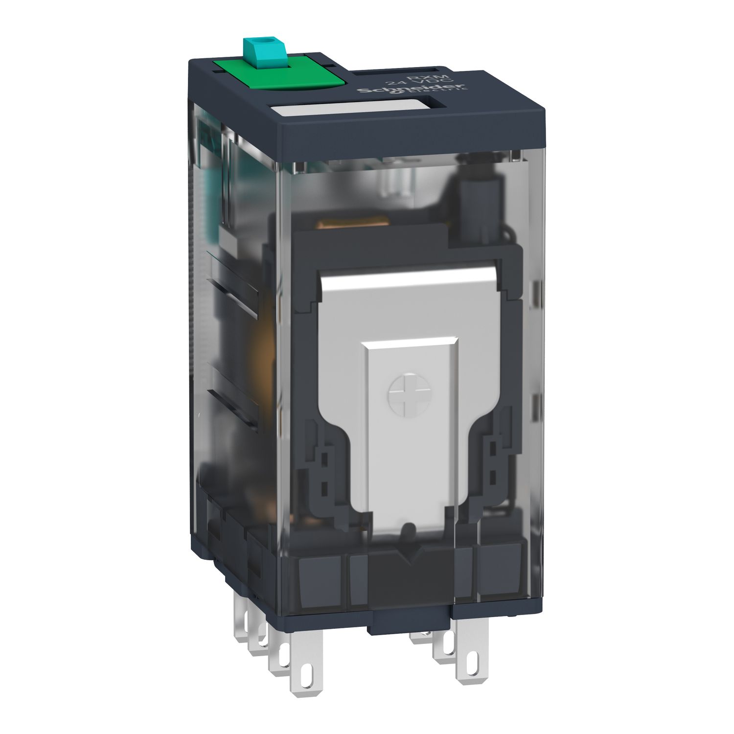 Picture of miniature plug in relay, Harmony Electromechanical Relays, 12A, 2CO, lockable test but to n, 110V DC
