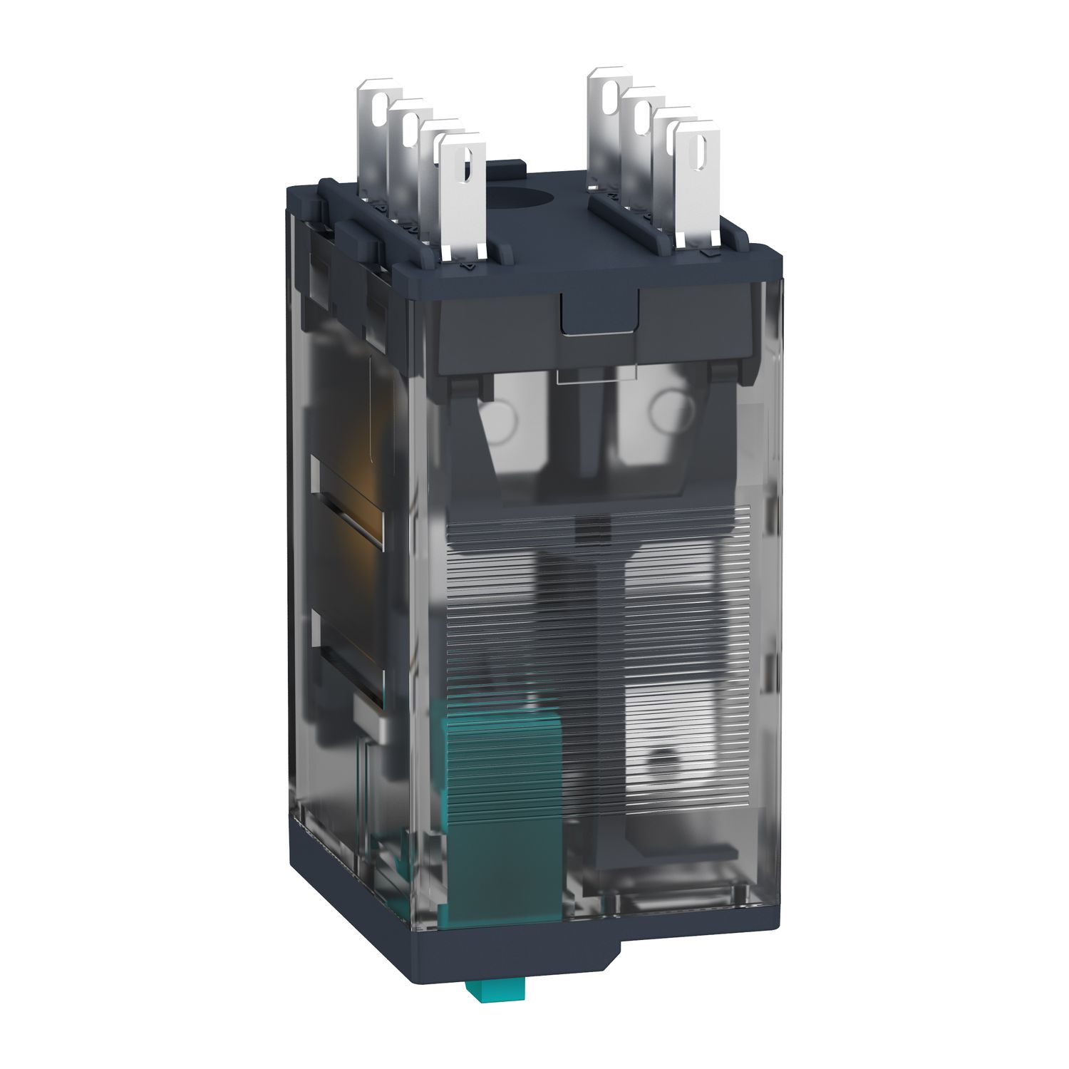 Picture of miniature plug in relay, Harmony Electromechanical Relays, 12A, 2CO, lockable test but to n, 110V DC