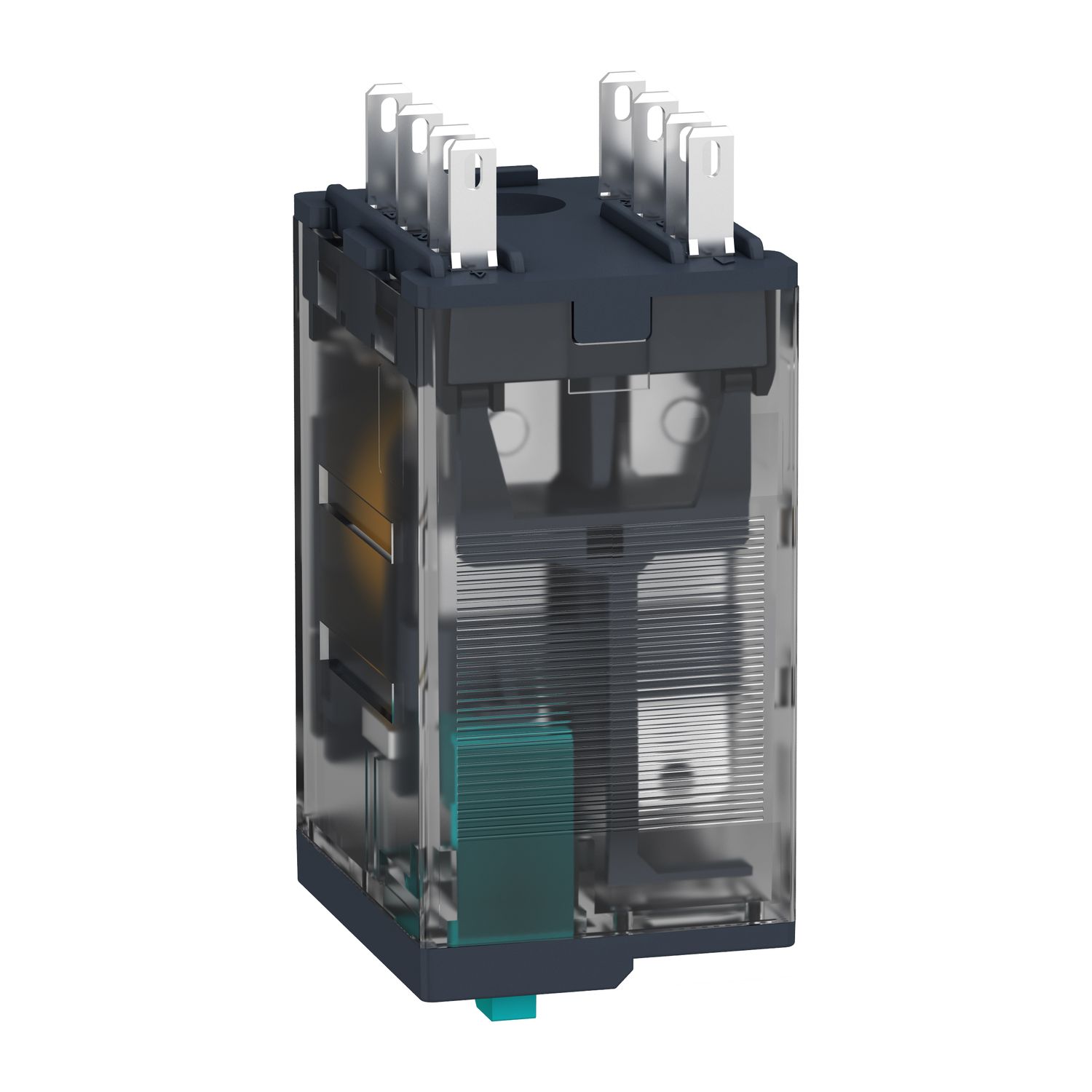 Picture of miniature plug in relay, Harmony Electromechanical Relays, 12A, 2CO, with LED, lockable test but to n, 48V DC
