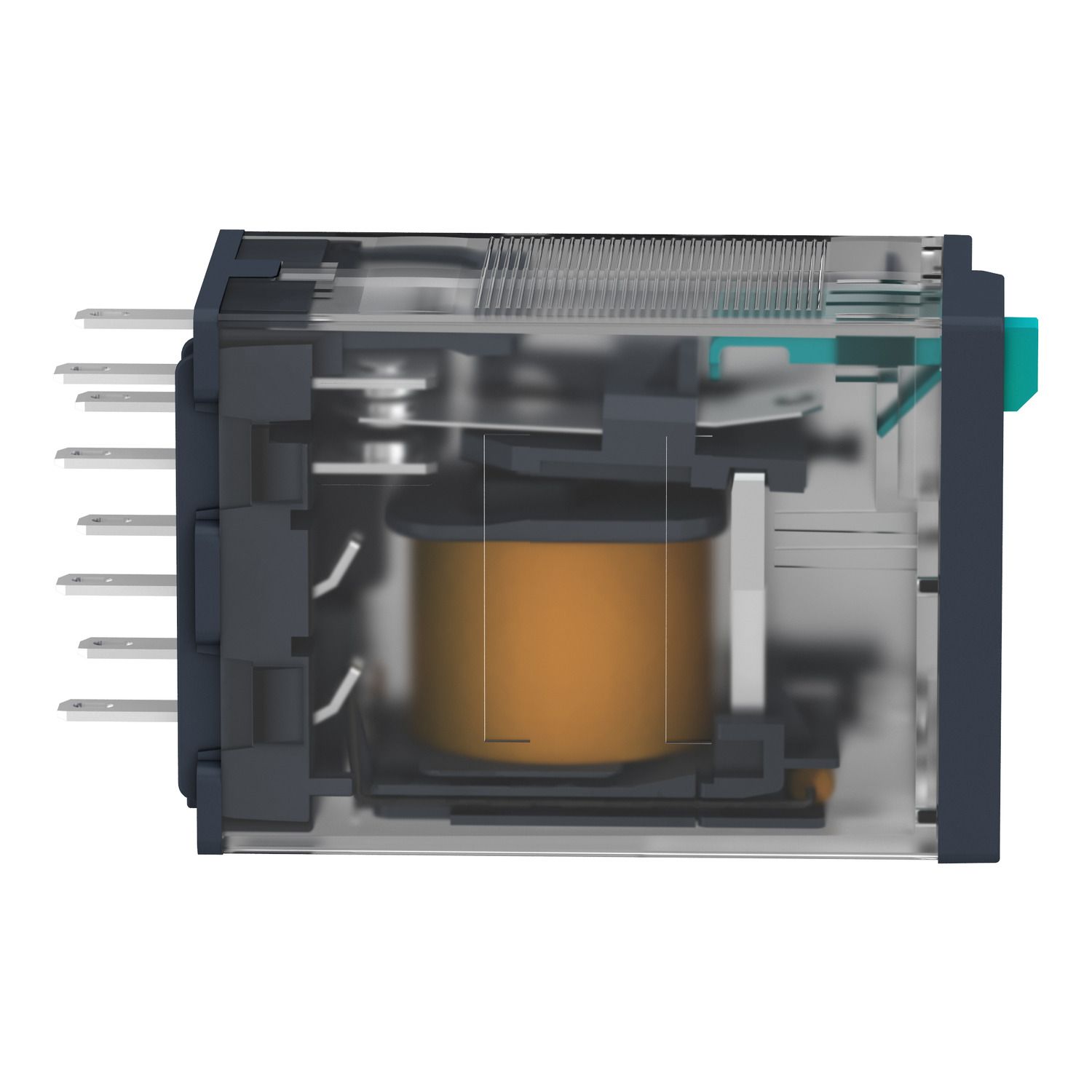 Picture of miniature plug in relay, Harmony Electromechanical Relays, 10A, 3CO, with LED, lockable test but to n, 110V DC