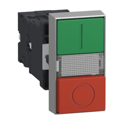 Picture of Illuminated double headed push button, Easy Harmony XA2, plastic, 22mm, 1 green flush I + 1 light + 1 red flush O, 24V AC DC, 1NO + 1NC