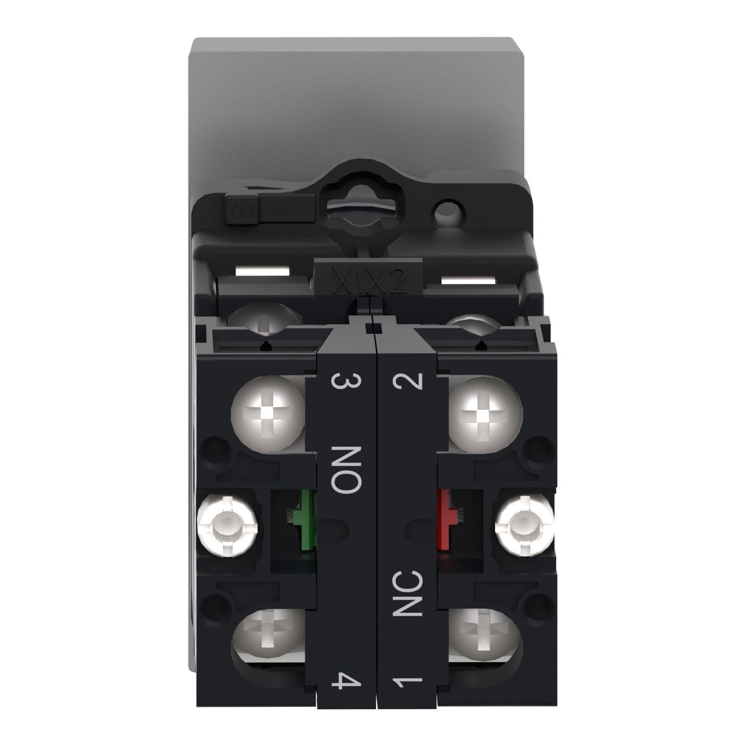 Picture of Illuminated double headed push button, Easy Harmony XA2, plastic, 22mm, 1 green flush I + 1 light + 1 red flush O, 24V AC DC, 1NO + 1NC