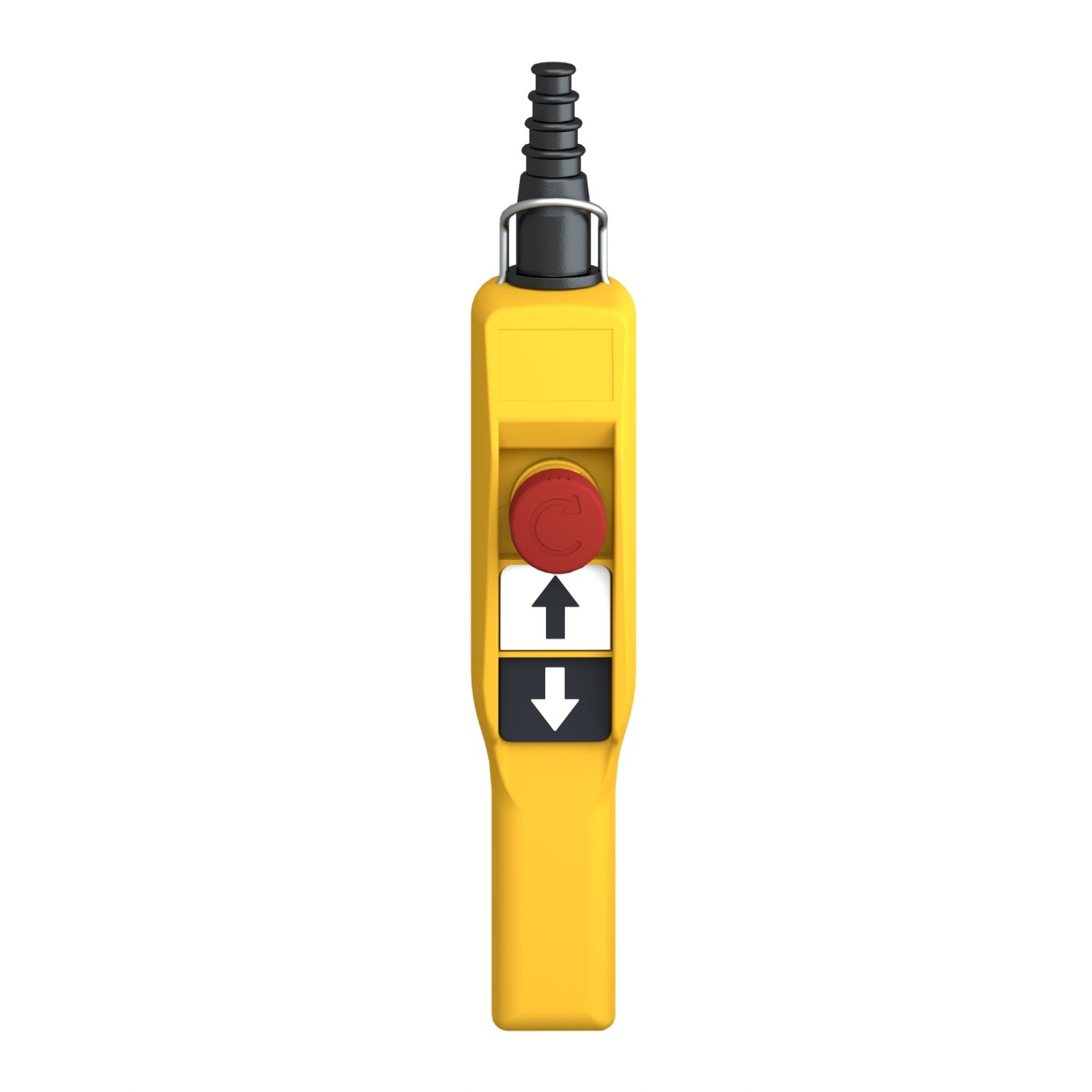 Picture of Pendant control station, Harmony XAC, plastic, yellow, pistol grip, 2 push buttons with NO+NC, 1 emergency stop NC