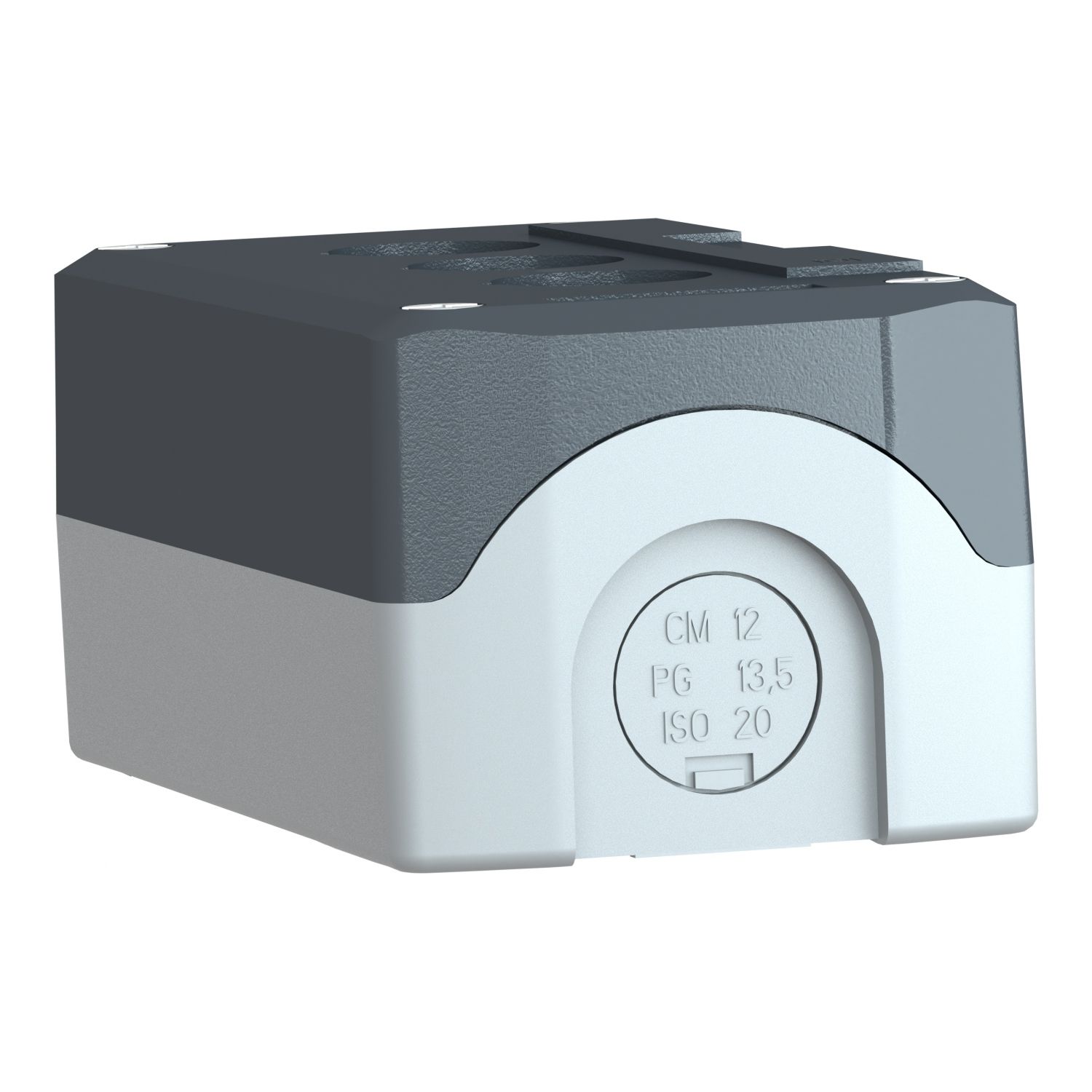 Picture of Empty control station, Harmony XALD, XALK, plastic, dark grey lid, light grey base, 3 cut out, UL CSA certified