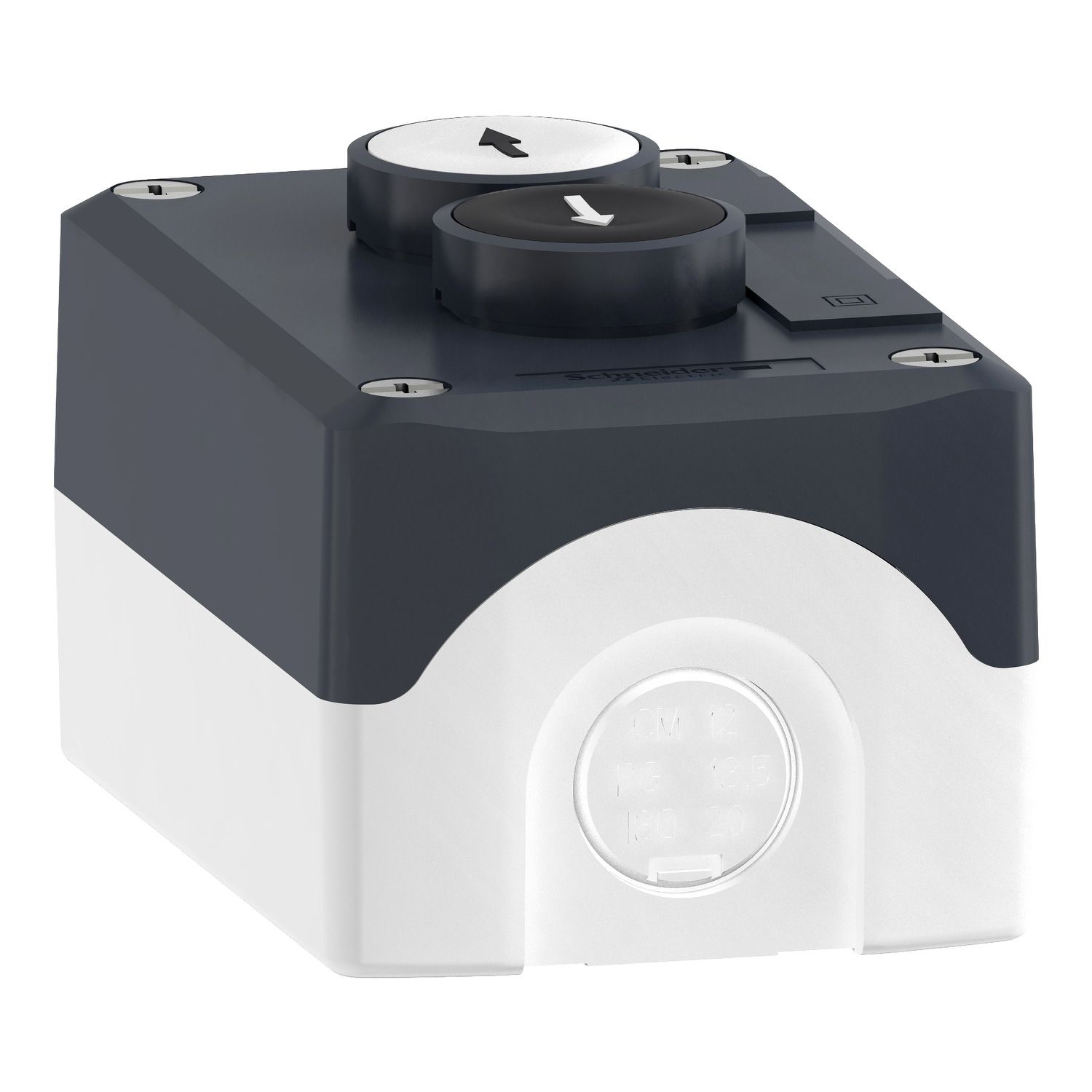 Picture of Control station, Harmony XALD, XALK, plastic, dark grey lid, 2 flush push buttons 22mm, marked UP ARROW DOWN ARROW, 2NO