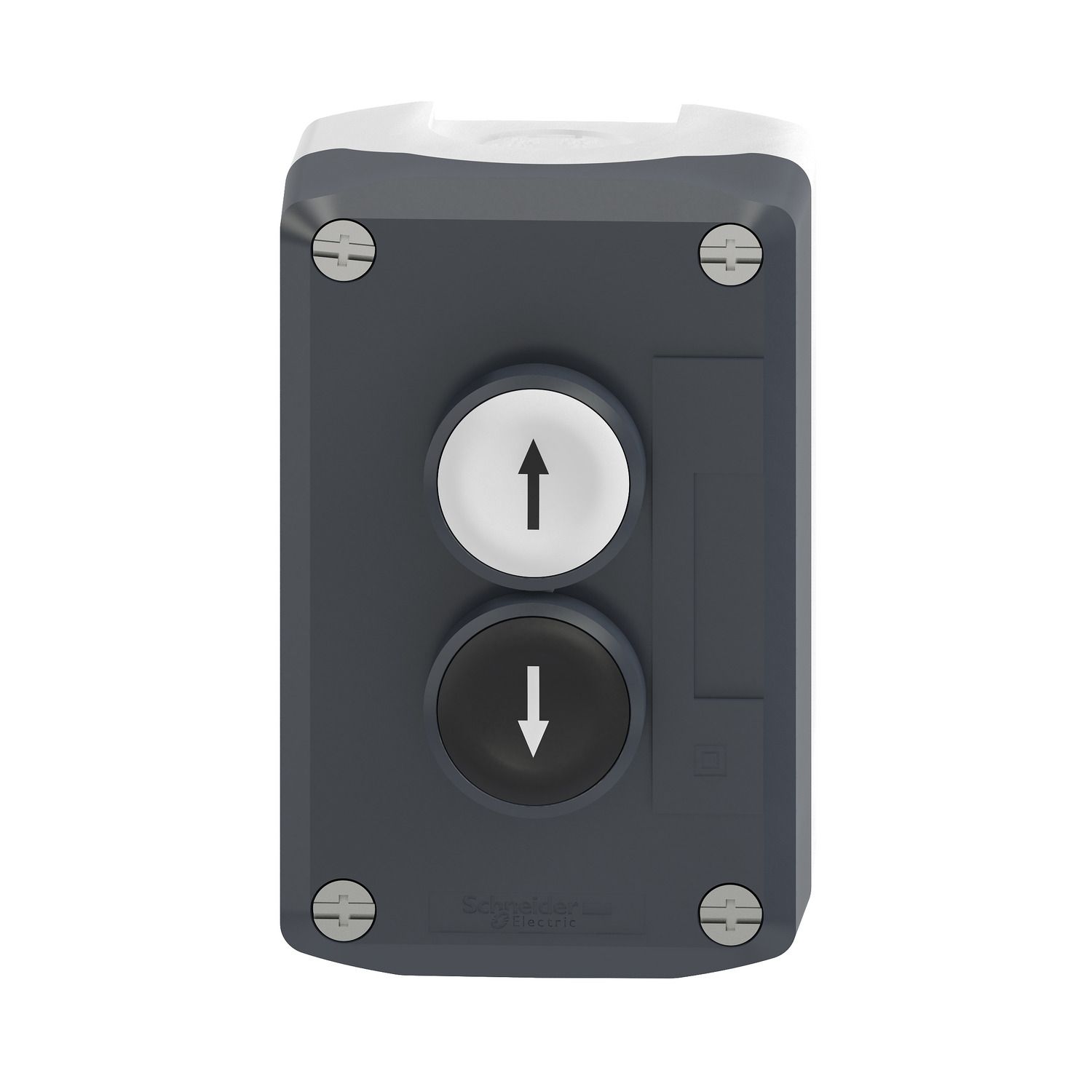 Picture of Control station, Harmony XALD, XALK, plastic, dark grey lid, 2 flush push buttons 22mm, marked UP ARROW DOWN ARROW, 2NO