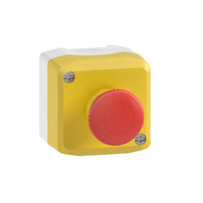 Picture of Complete control station, Harmony XALD, XALK, plastic, yellow lid, 1 red mushroom push button 40mm, turn to release, 2NC